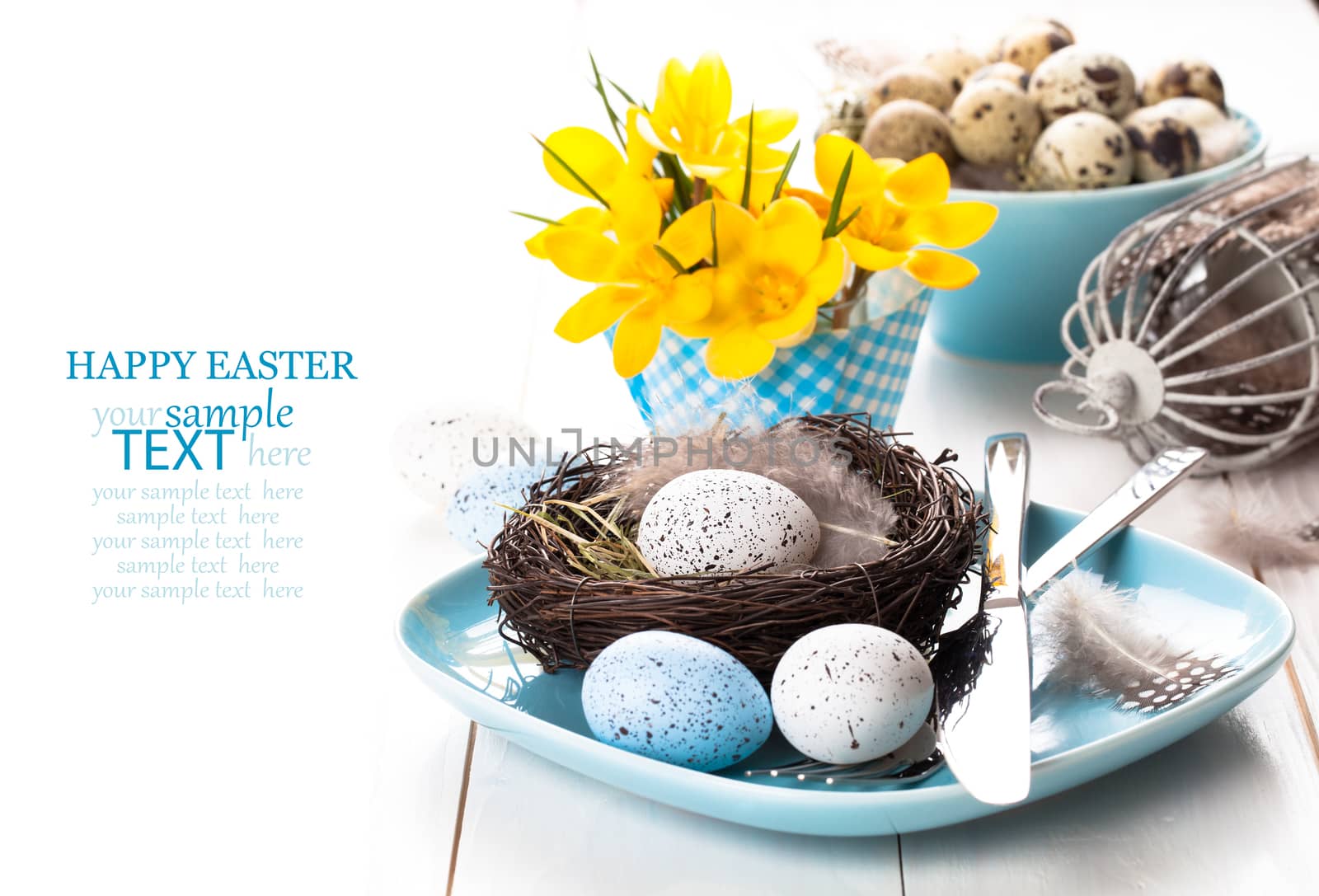 Easter eggs nest on plate with yellow Spring Crocus. on white wooden background