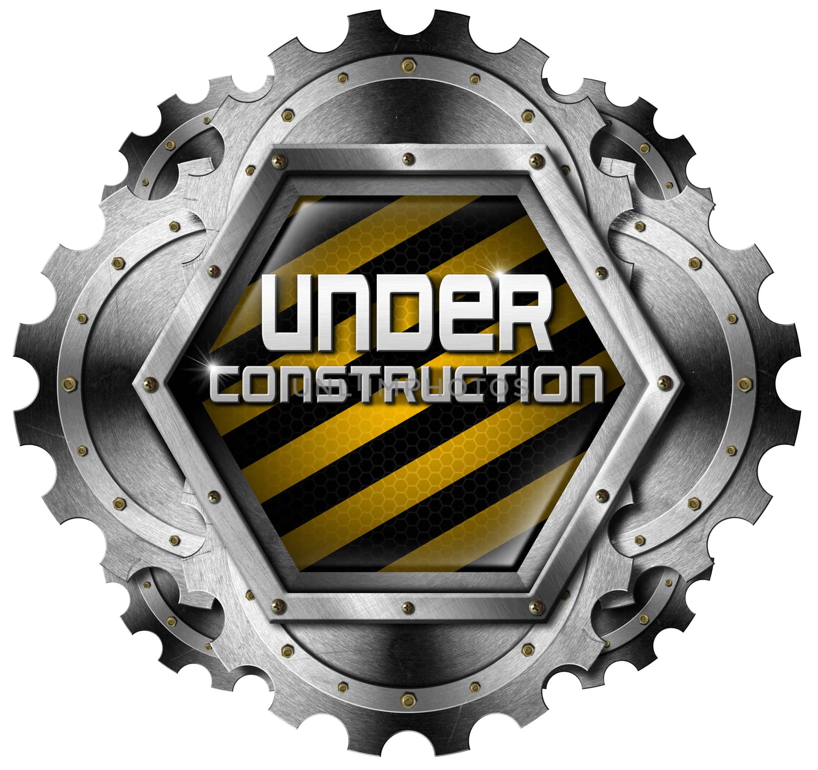 Hexagonal and metallic icon or symbol with gears and text under construction. Isolated on white background