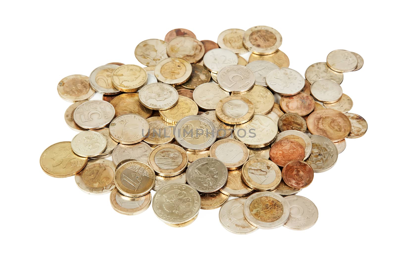 Different old european coins isolated on white