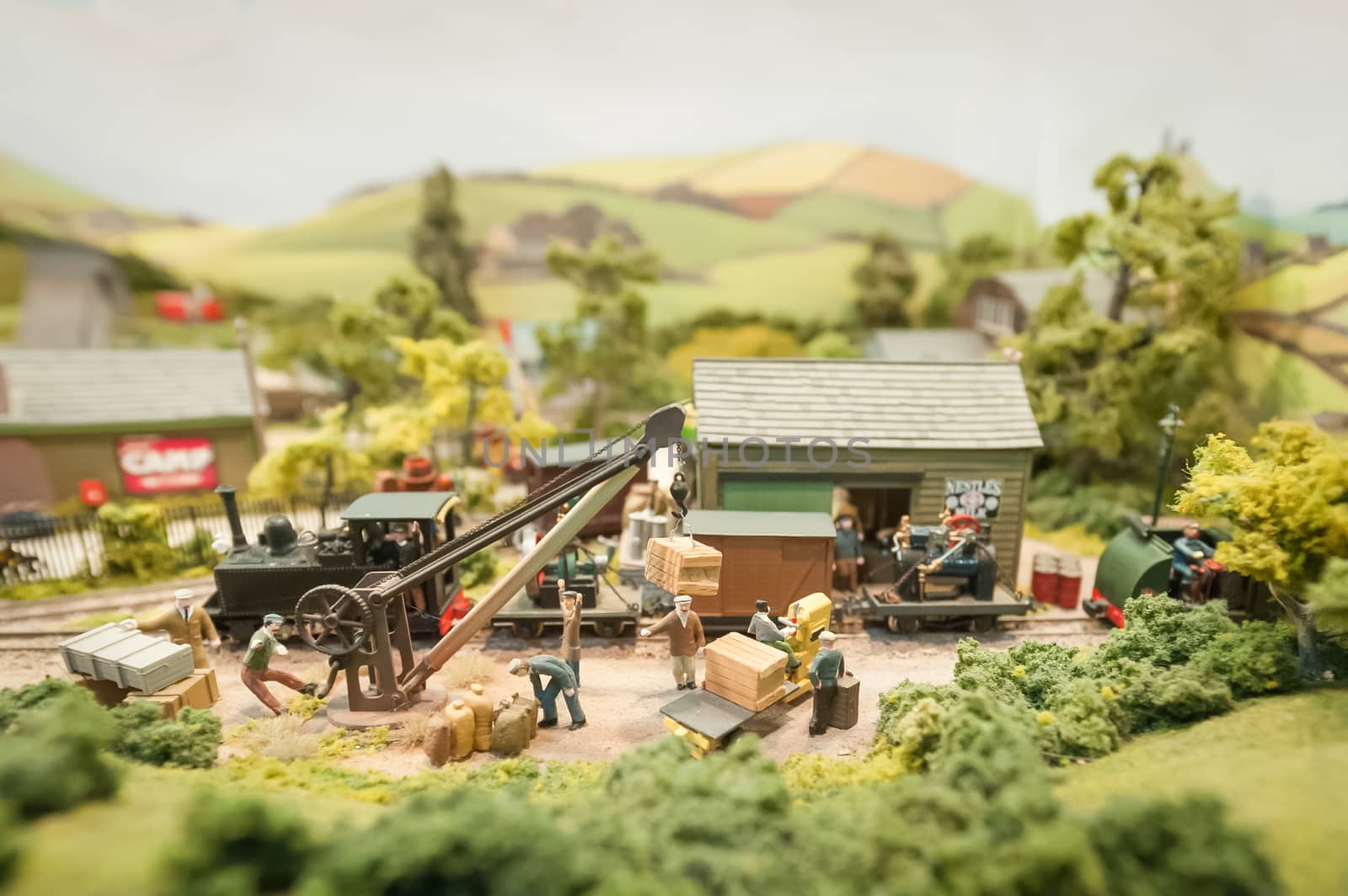 miniature model railway freight yard closeup