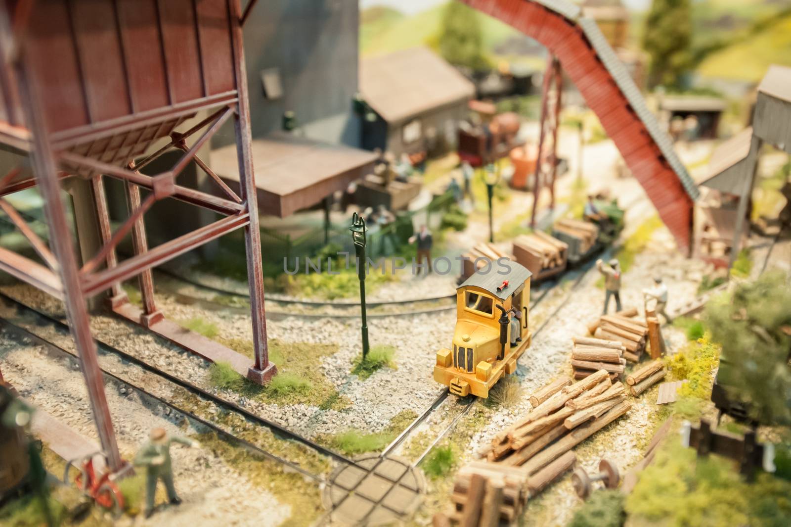 miniature model railway lumber yard closeup