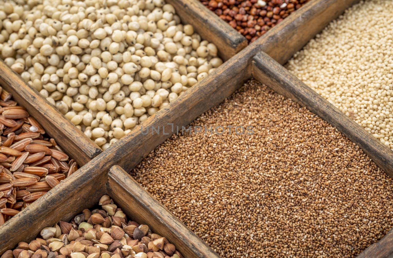 teff and other gluten free grains in a wooden rustic box