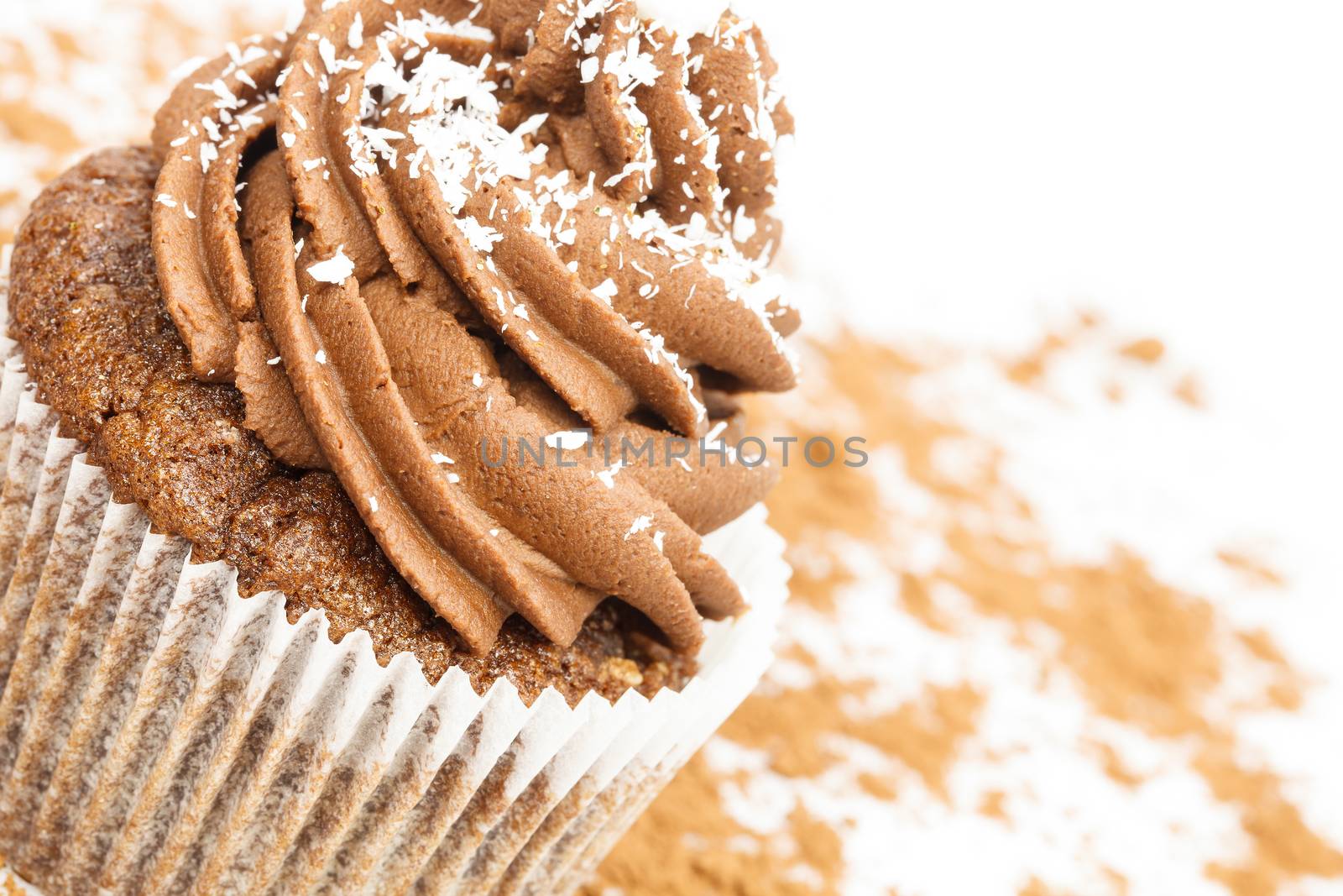Chocolate cupcake on cocoa background with space for text