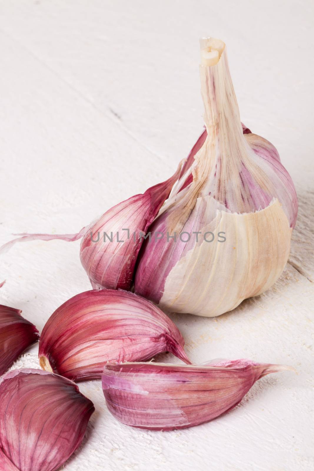 Fresh uncooked garlic bulb with loose cloves with one clove cut through lengthwise to show the texture, on a white background
