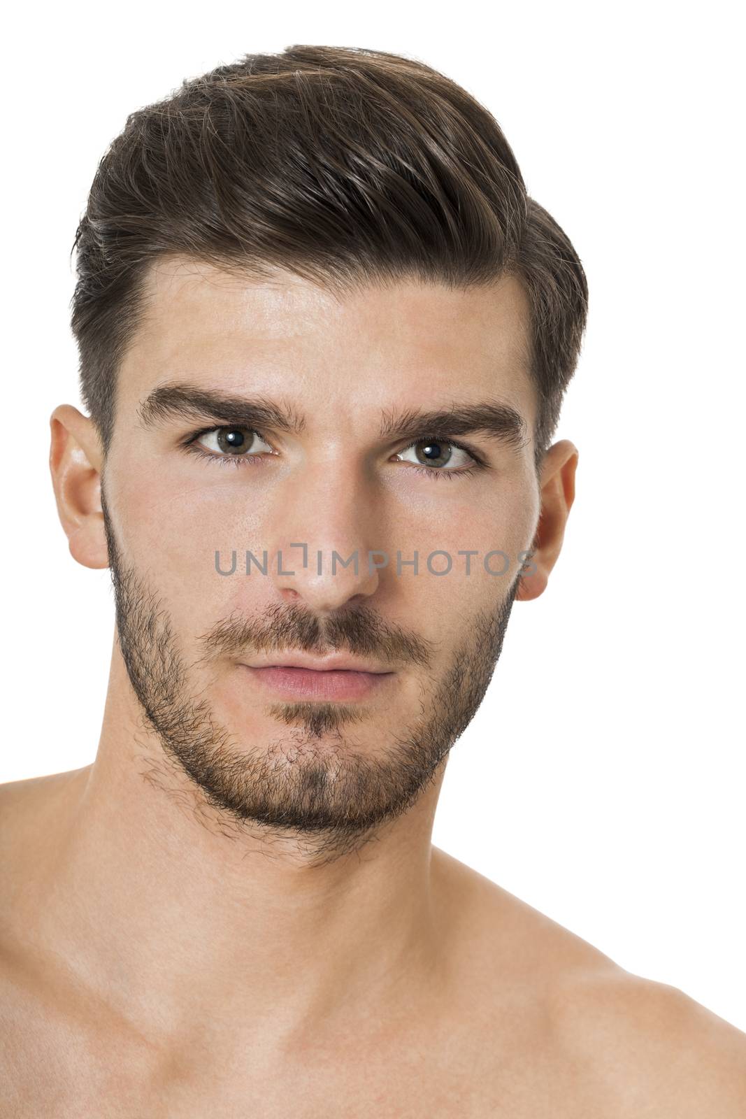 Handsome shirtless naked bearded young man standing looking intently at the camera with his hand to his chin in a sensual sexy pose, isolated on white