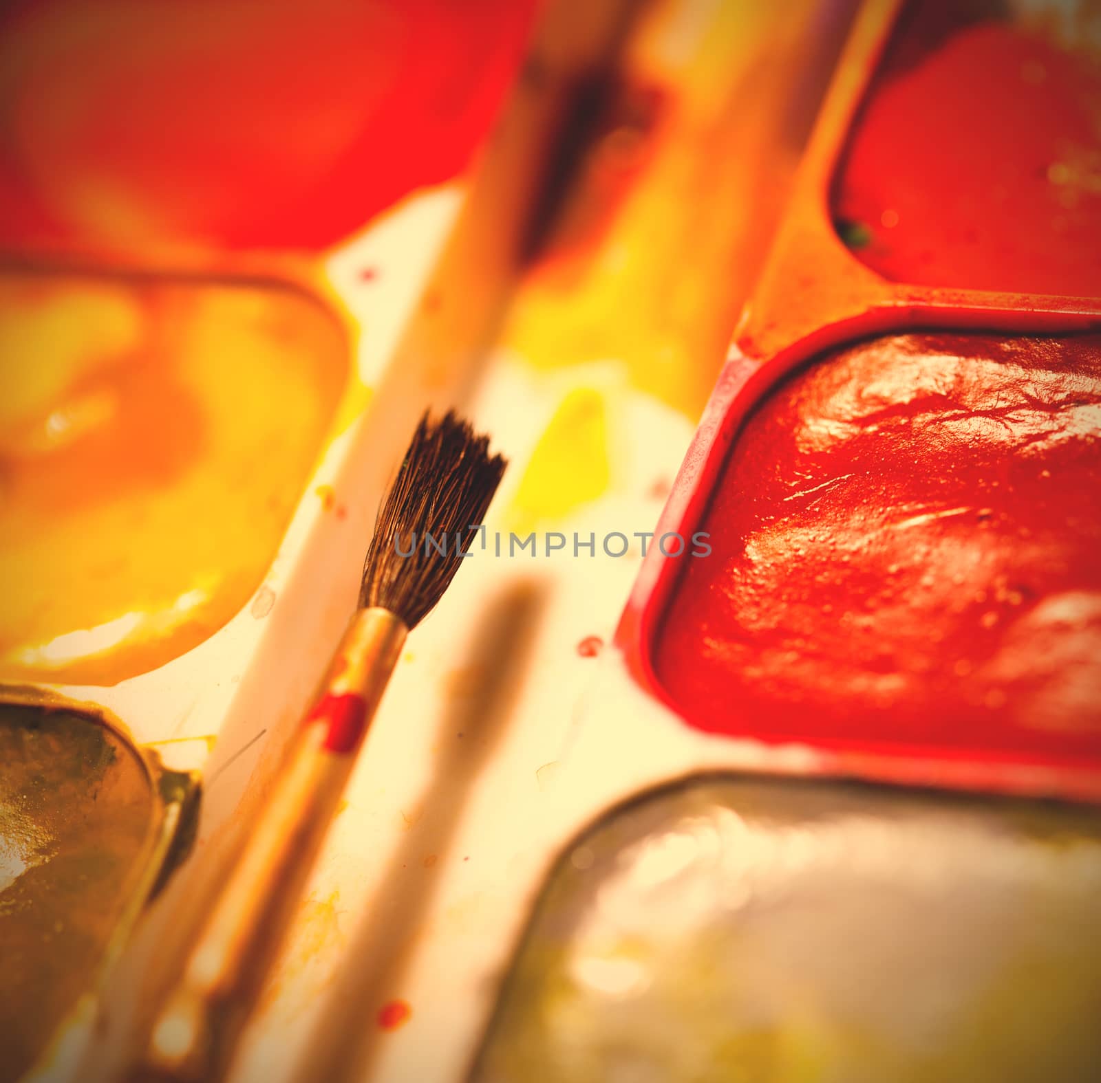 still life with aquarelle and brush, shallow depth of field. instagram image style