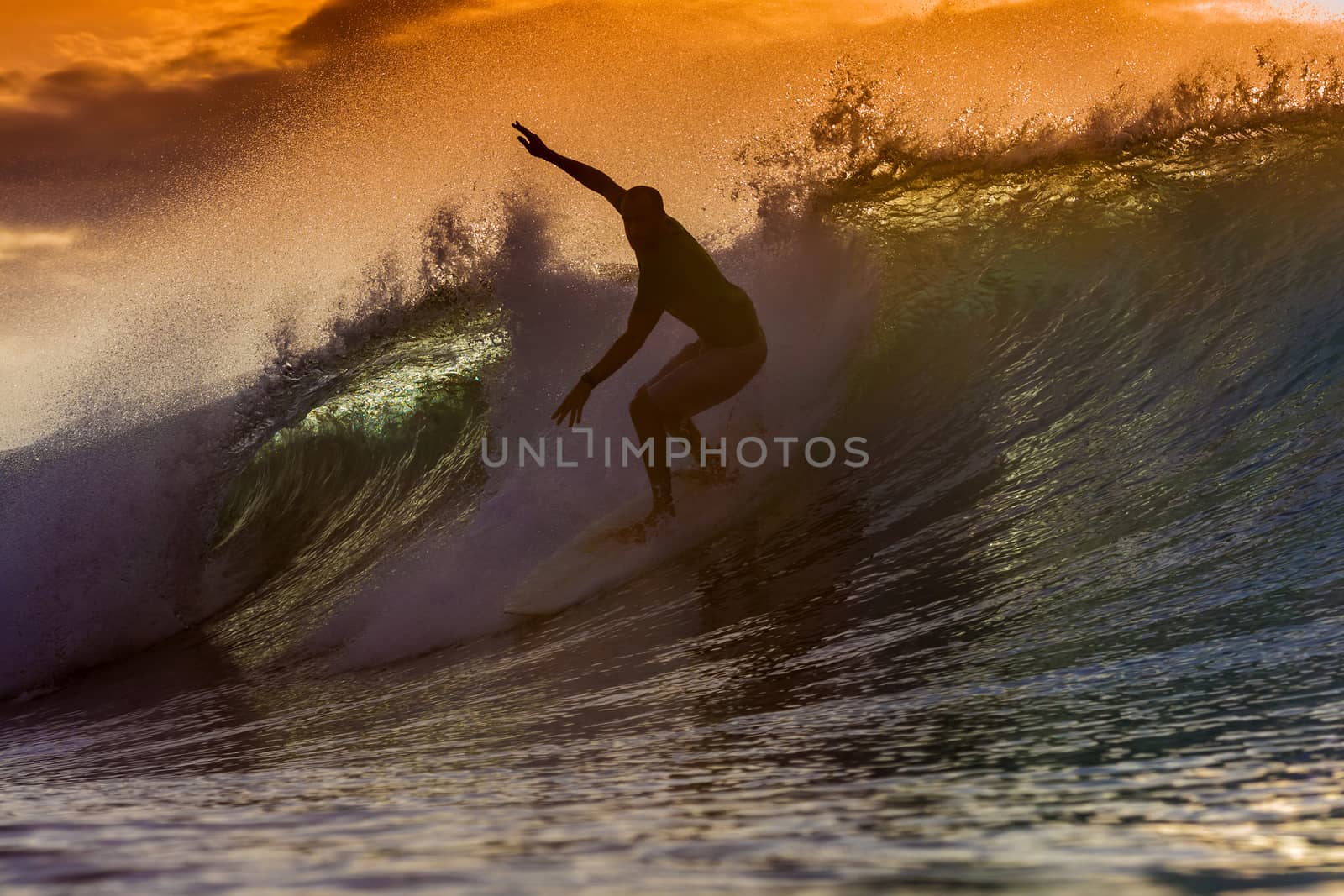 Surfer on Amazing Wave at sunset time, Bali island.