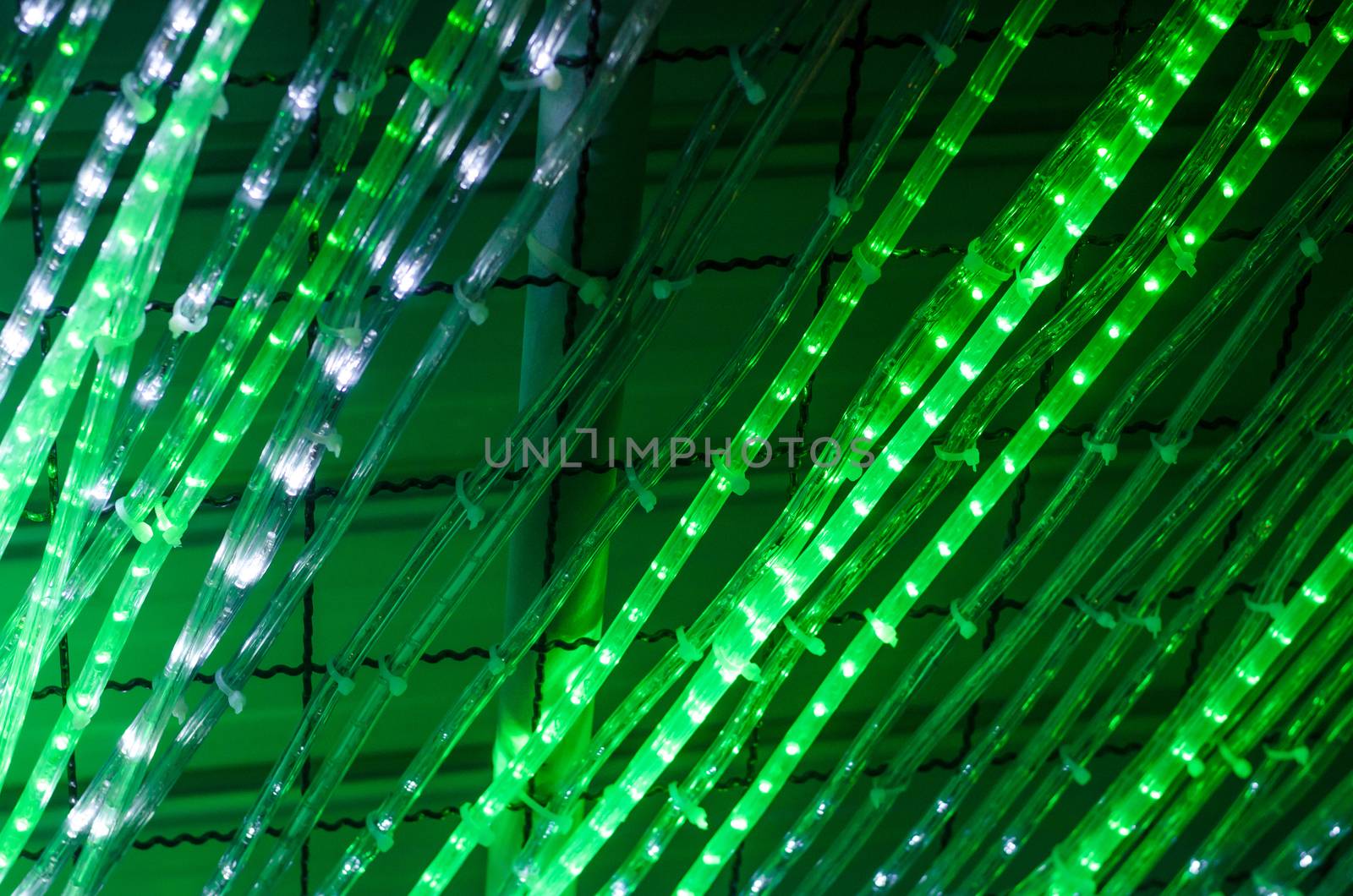 Closeup of glowing green lights decoration