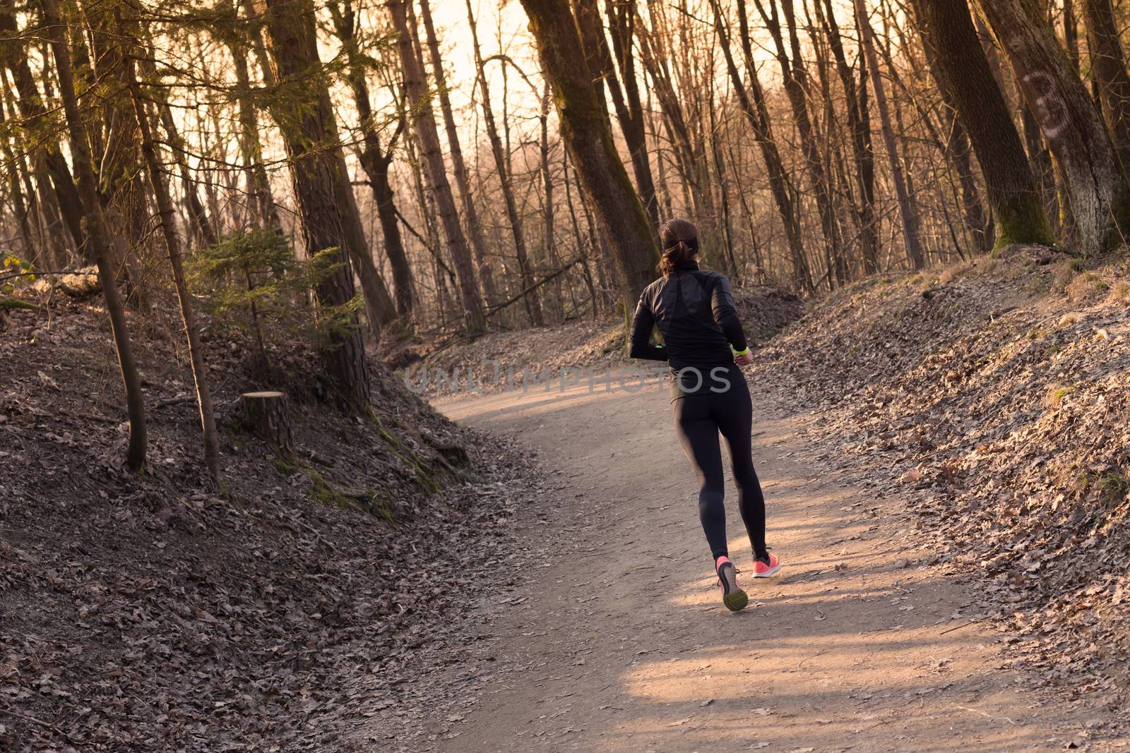 Lady running in the forest.  Running woman. Female runner jogging during outdoor workout in a Nature. Fitness model outdoors. Weight Loss. Healthy lifestyle. 