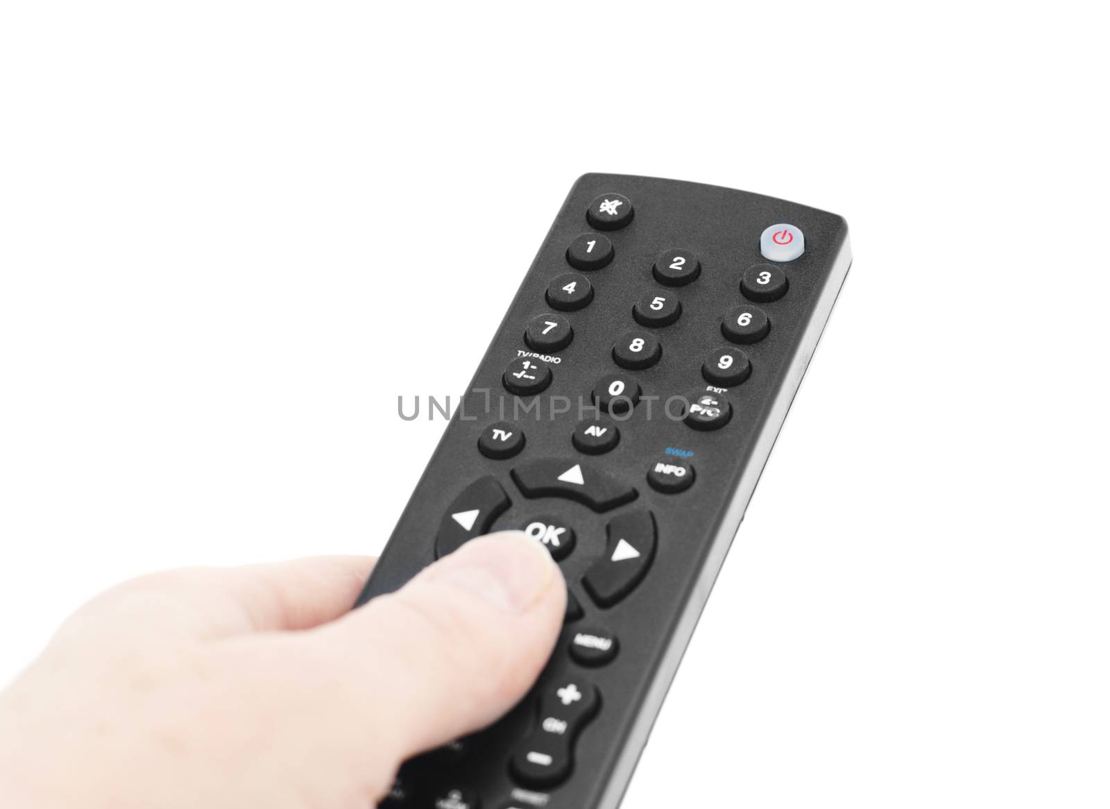 TV remote control panel in hand on white,isolated