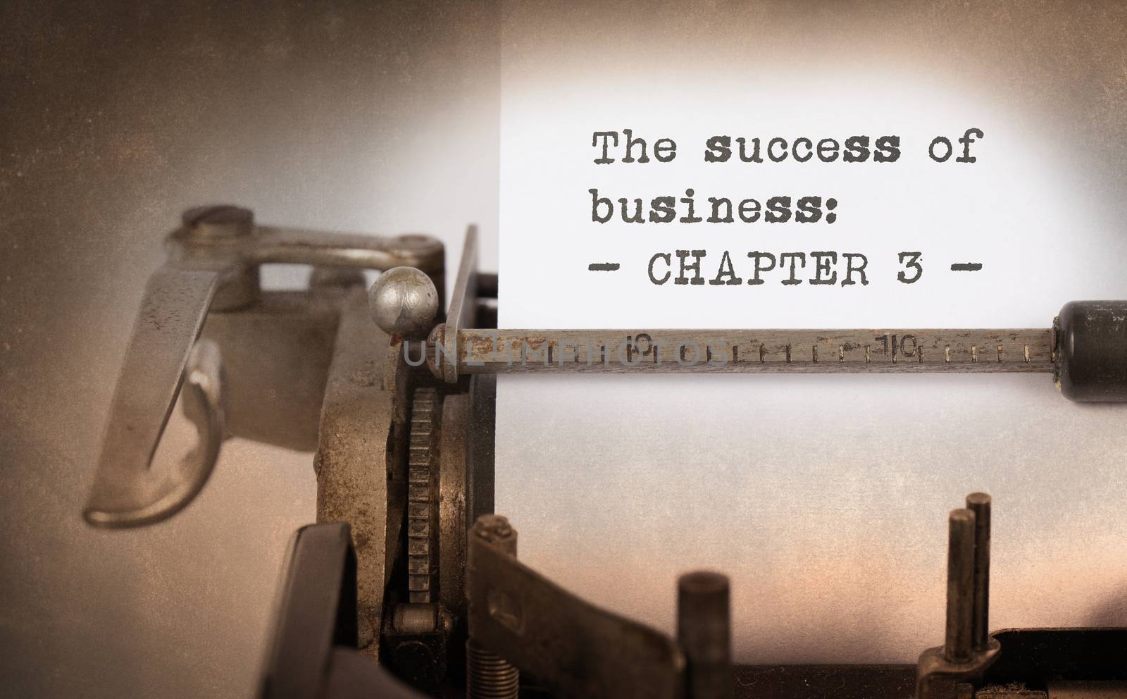 Vintage typewriter, old rusty, warm yellow filter - The succes of business, chapter 3