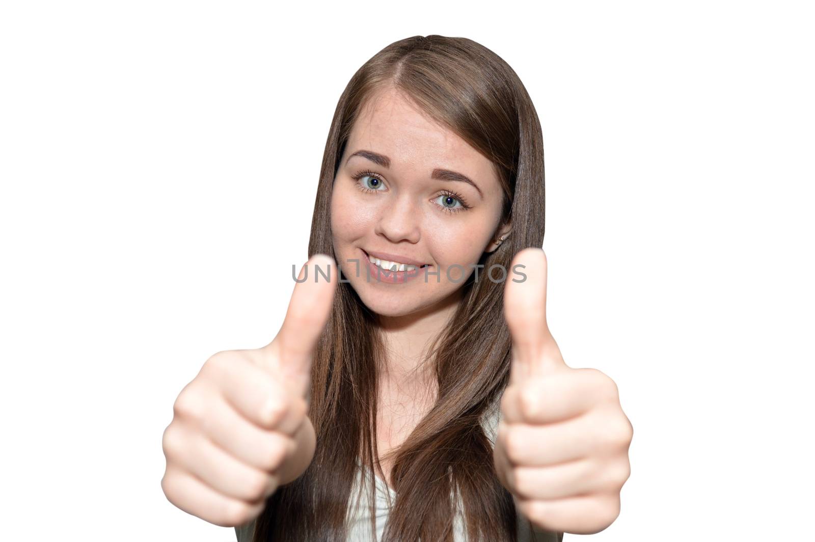 portrait of a beautiful young woman showing thumbs up sign