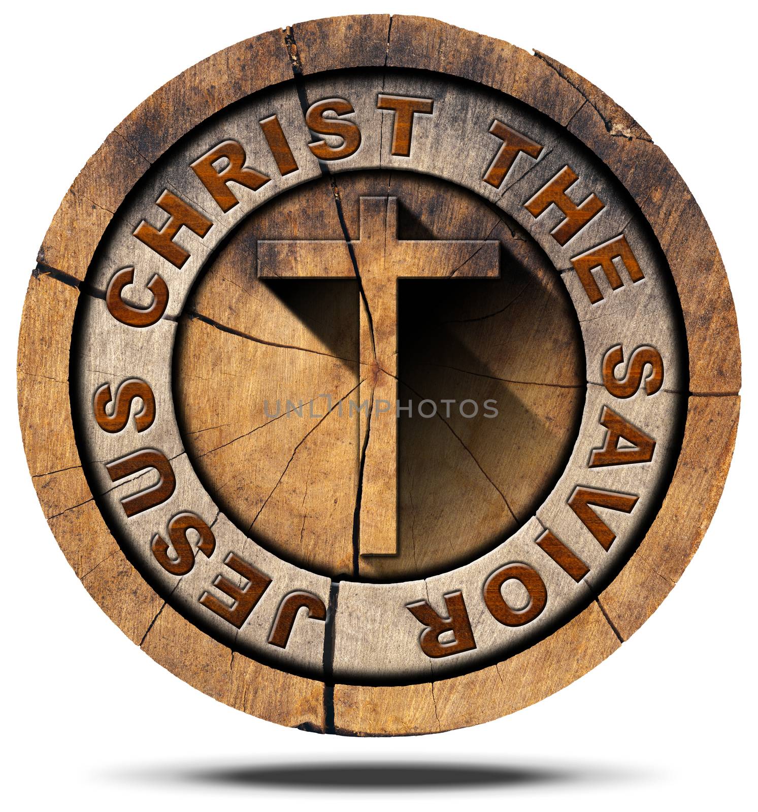 Wooden Christian cross on a section of tree trunk and text Jesus Christ the savior. isolated on white background