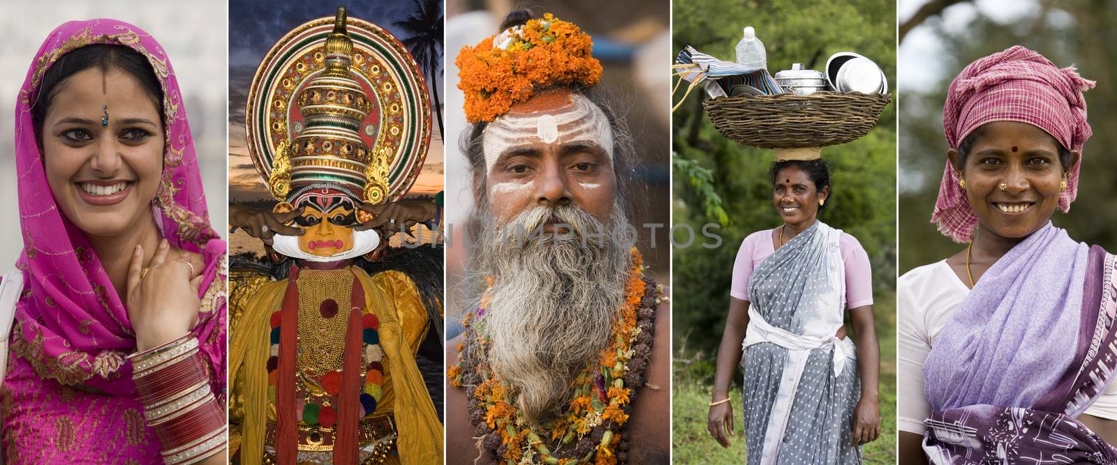 Faces of India - Sikh bride in Amritsar, Kathakali Dancer in Cochin, Sadhu Holy Man in Varanasi, Tamil Women in Tamil Nadu in southern India.