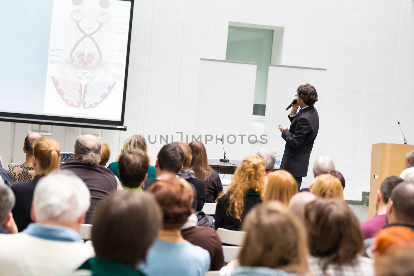 Speaker Giving a Talk at Business Meeting. Audience in the conference hall. Business and Entrepreneurship. Copy space on white board.