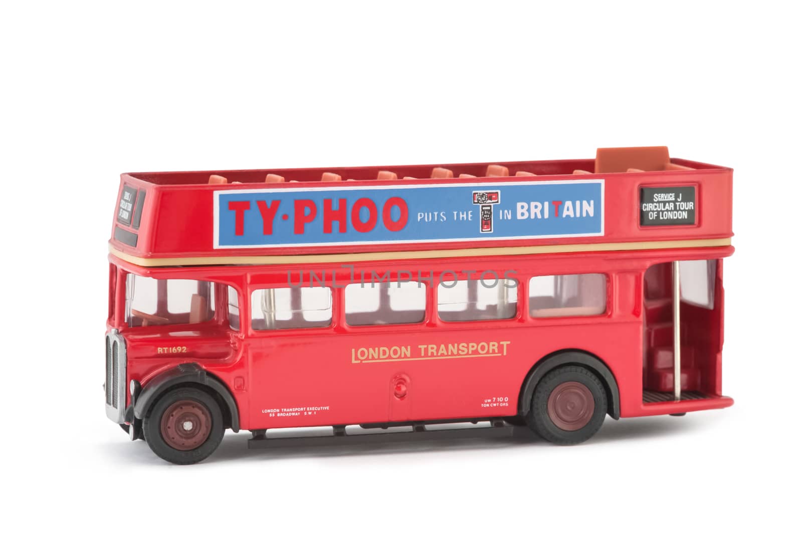 Miniature scale model of a vintage London City Tour open top sightseeing bus. The full size original was used for tourism trips around the UK capital city.