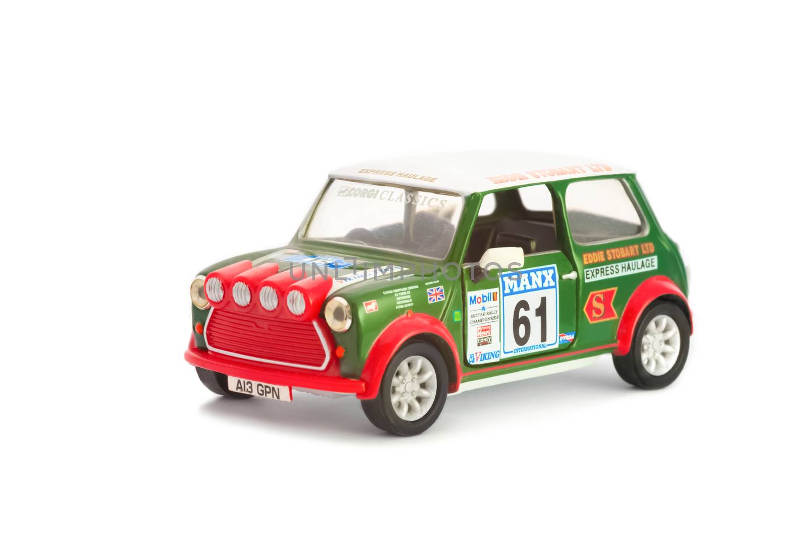 Corgi manufactured 1:32 scale die-cast miniature model of a MK 1 Mini Cooper in Eddie Stobart livery; originally raced in the British MSA Manx rally