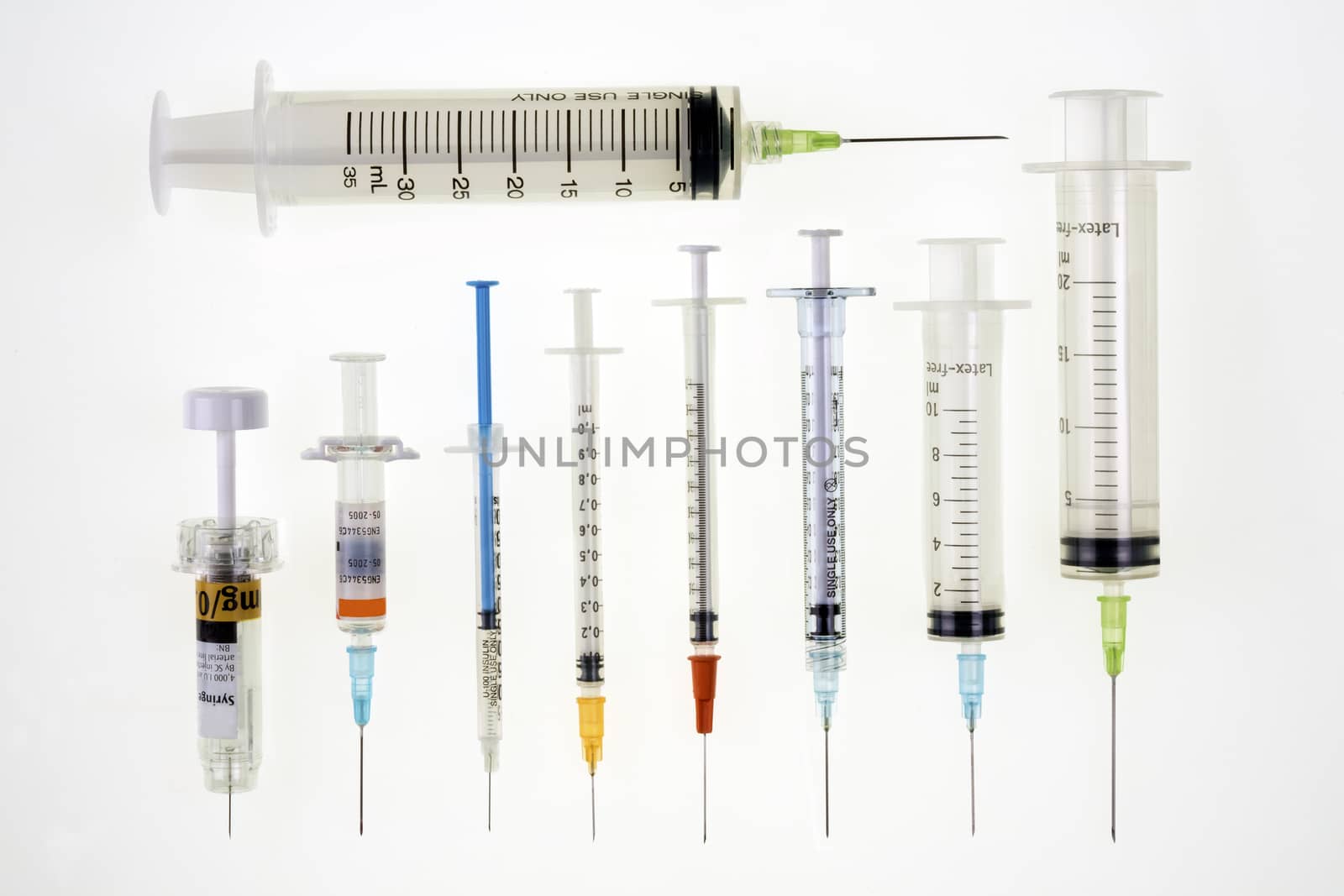 A selection of syringes and hypodermic needles used in medicine to give injections
