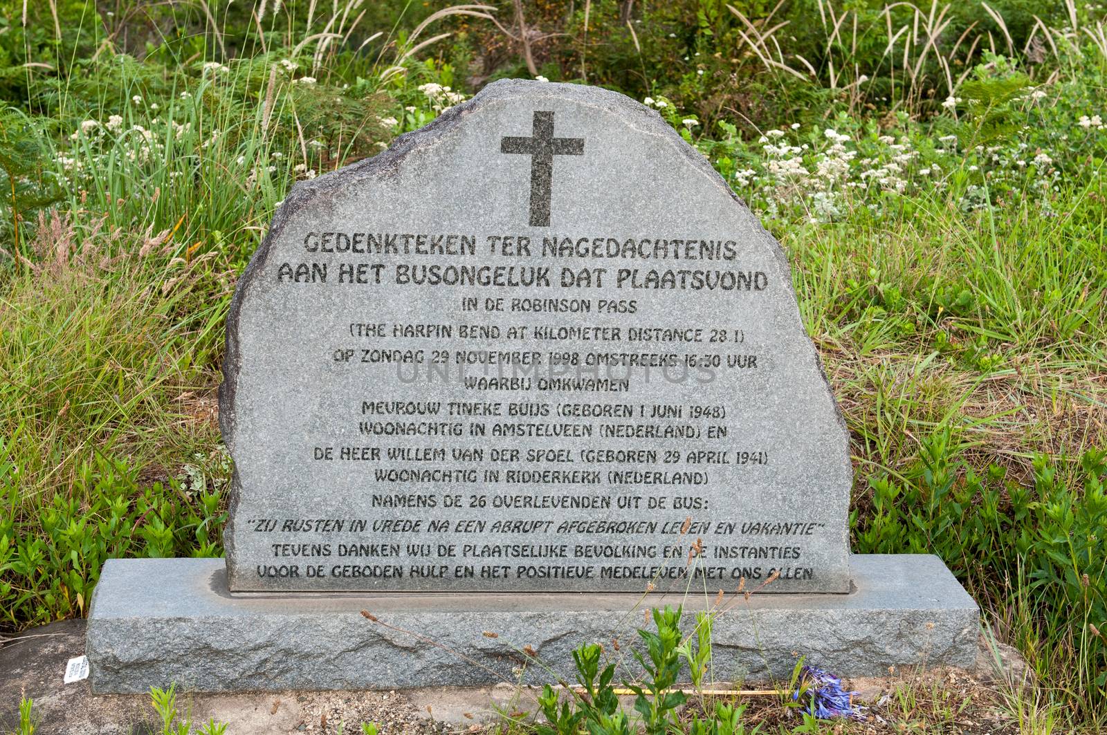 ROBINSON PASS, SOUTH AFRICA - JANUARY 2, 2015: Memorial in Dutch for Dutch citizens that died in a bus accident on the pass in 1998