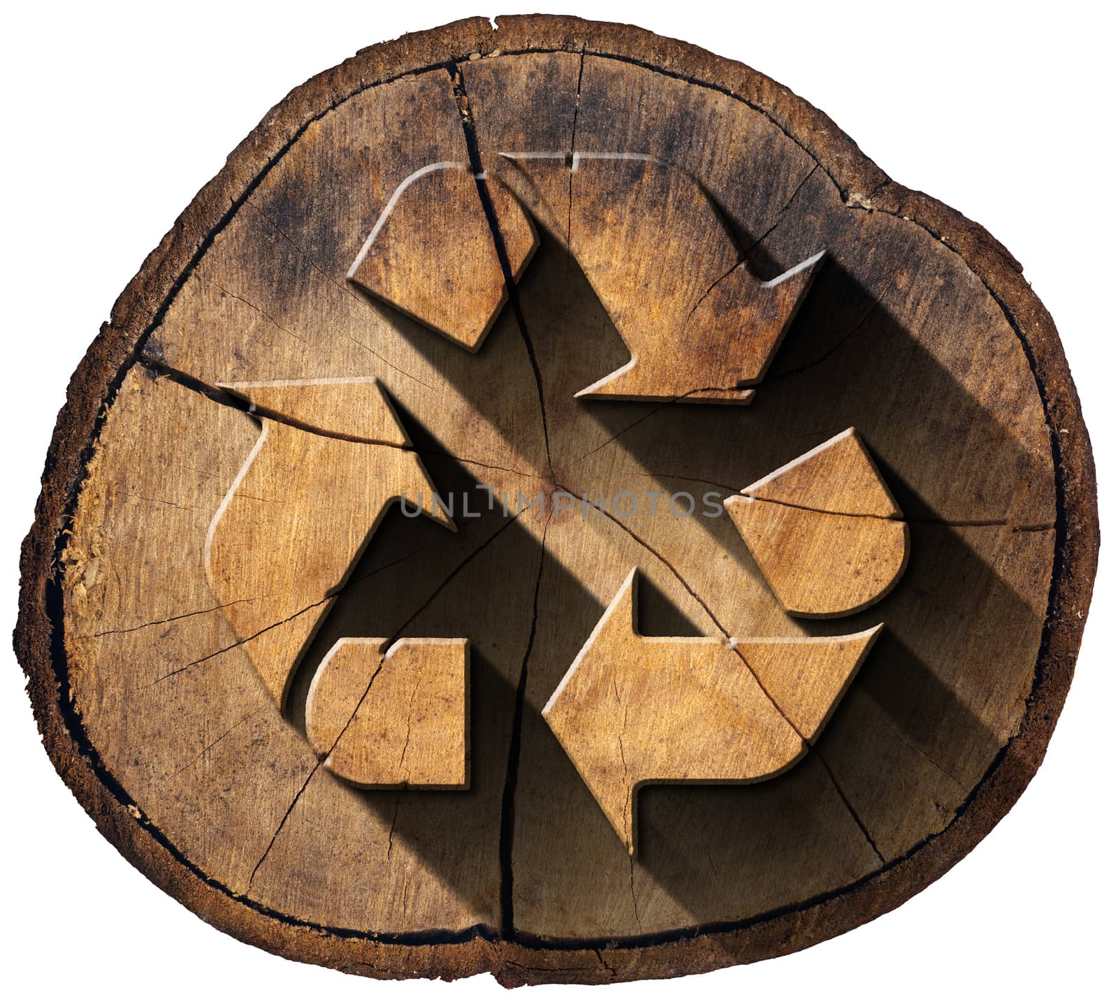 Wooden recycling symbol on a section of tree trunk isolated on white background.