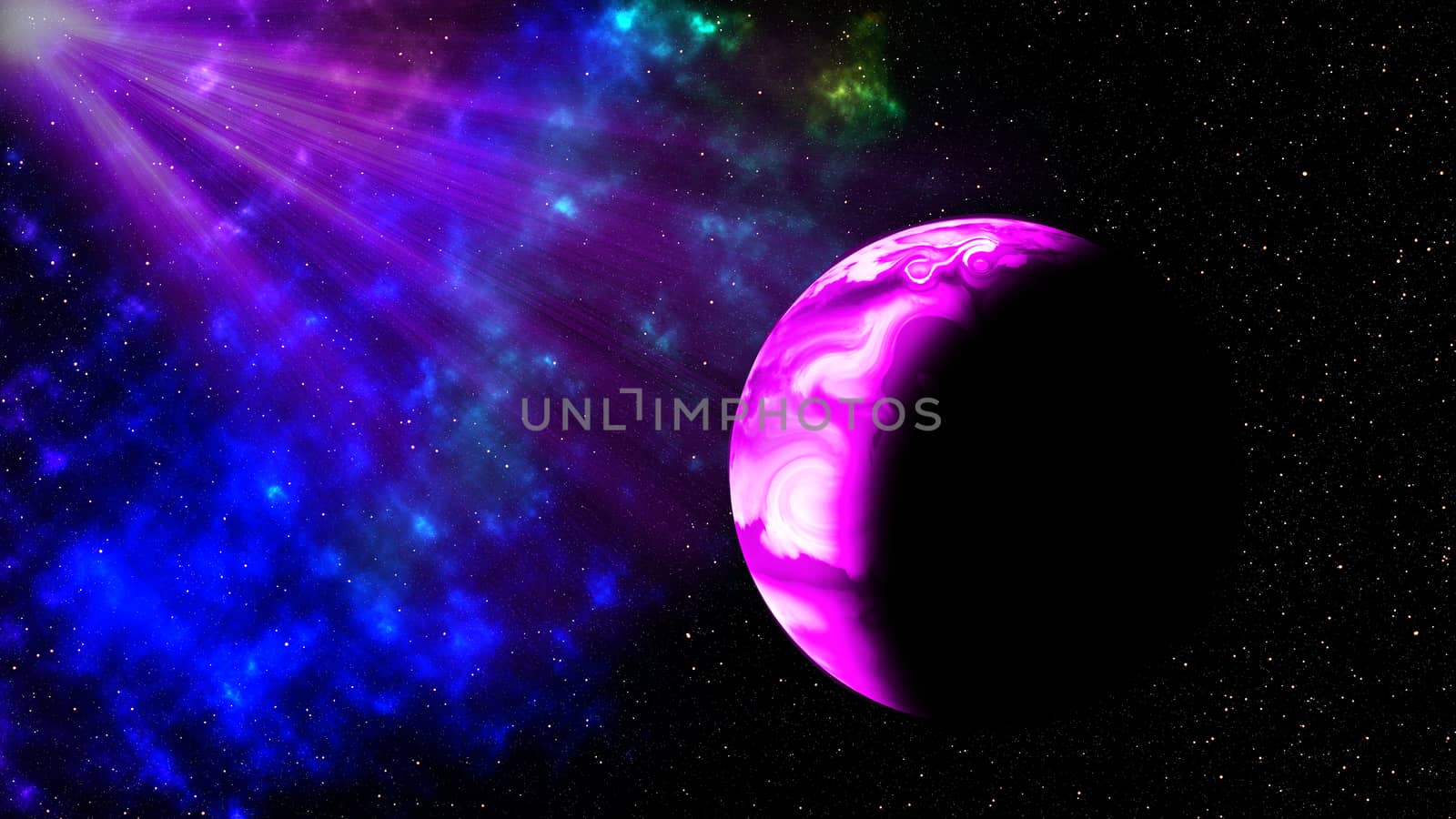Purple light andt planet in space, by Chattranusorn09