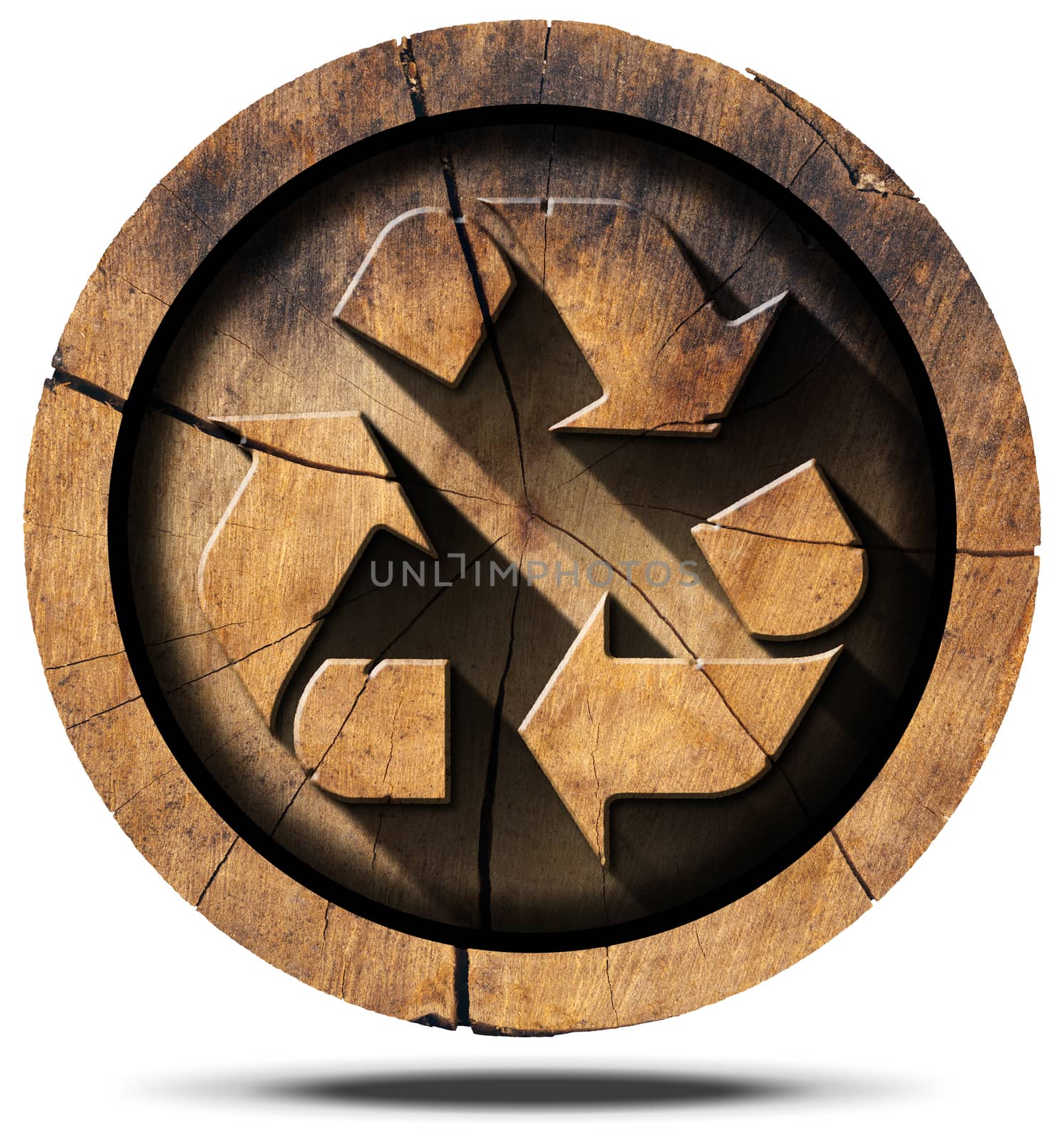 Wooden recycling symbol on a section of tree trunk isolated on white background.