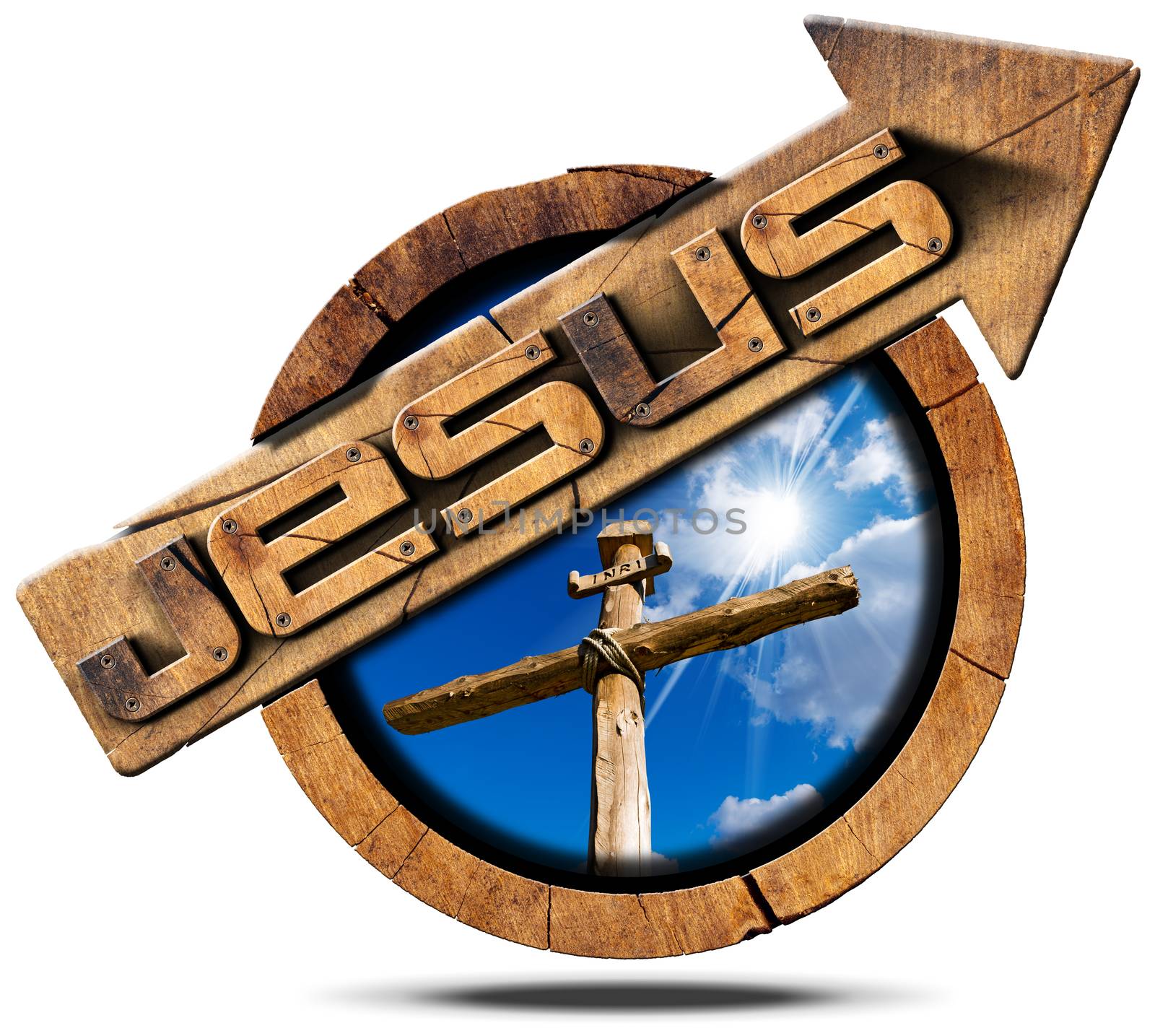 Wooden signage with arrow and text Jesus, wooden cross on blue sky with clouds. isolated on white background
