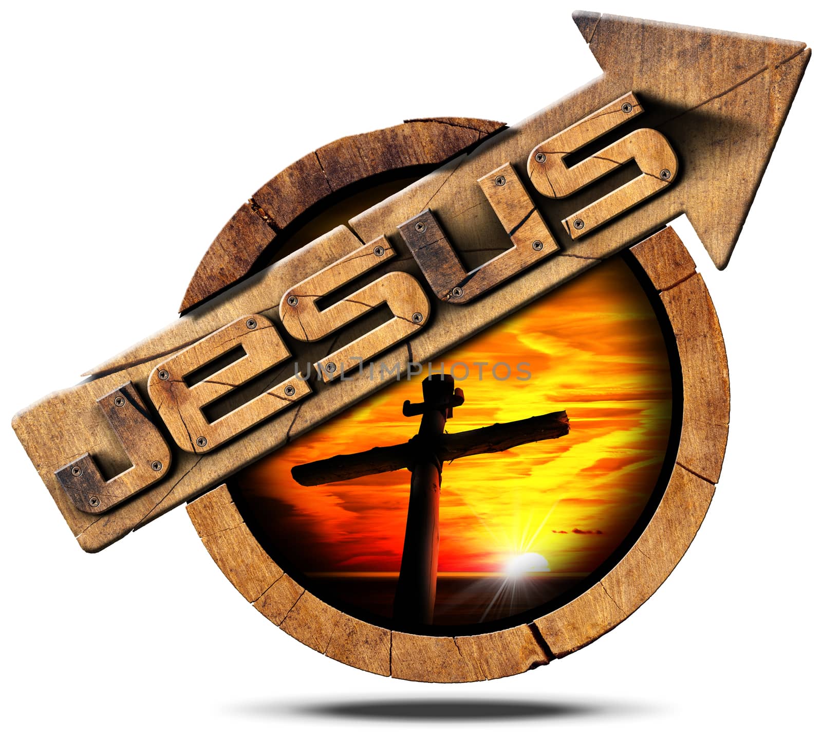 Wooden signage with arrow and text Jesus, cross silhouette at sunset with cloudy sky. isolated on white background