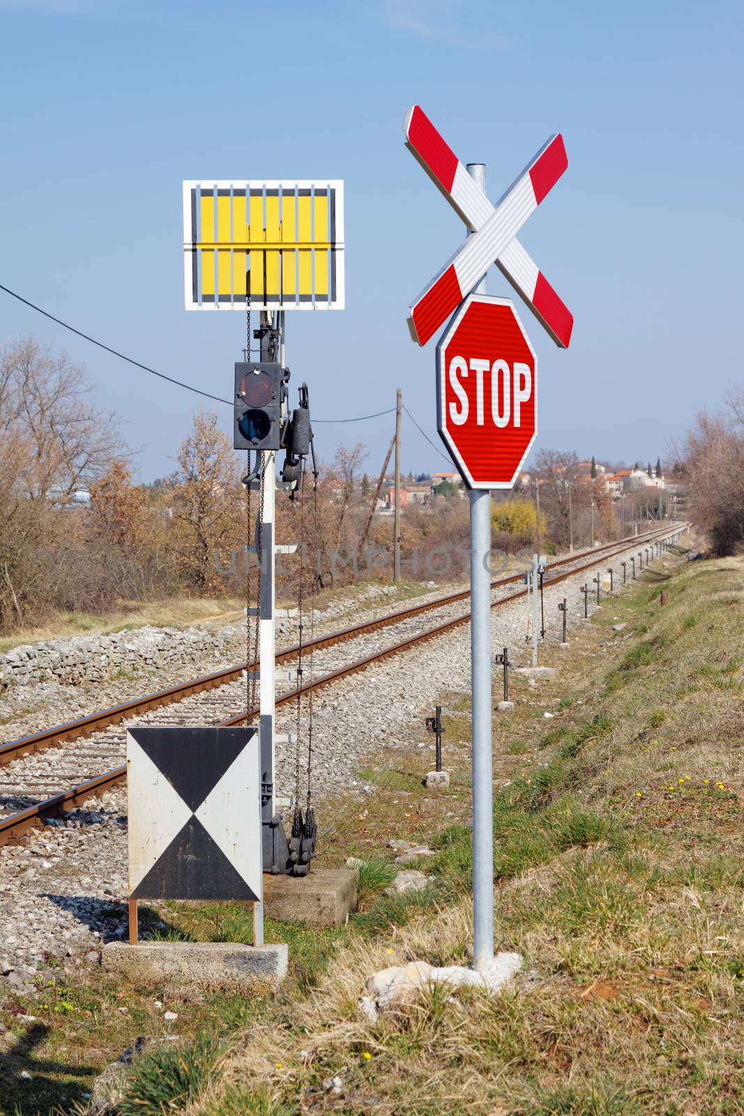 unguarded railway crossing with railways signs