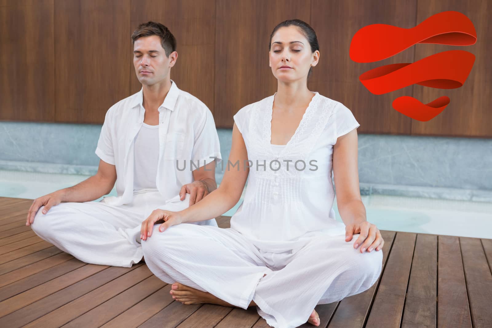 Attractive couple in white sitting in lotus pose against heart