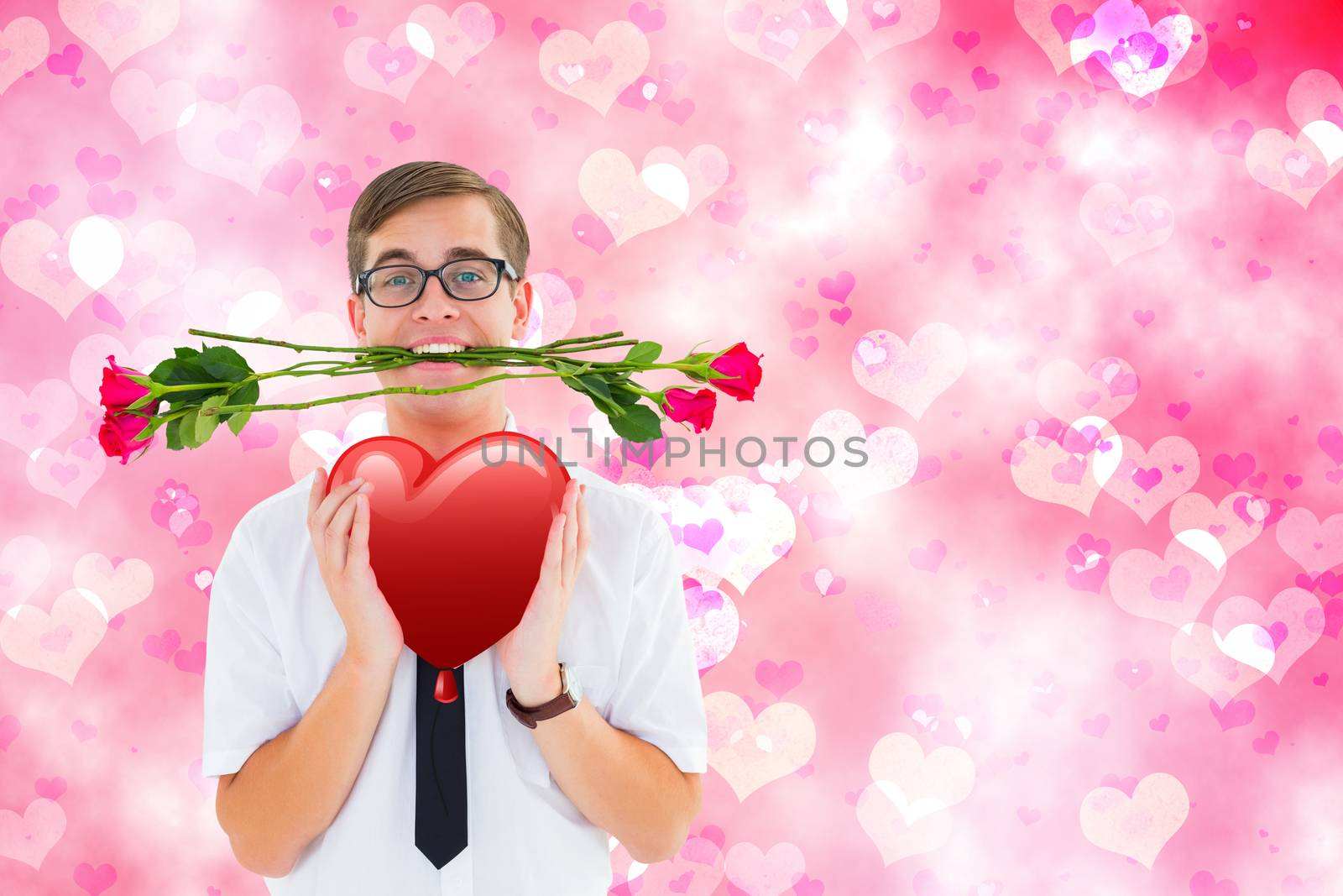 Romantic geeky hipster against digitally generated girly heart design