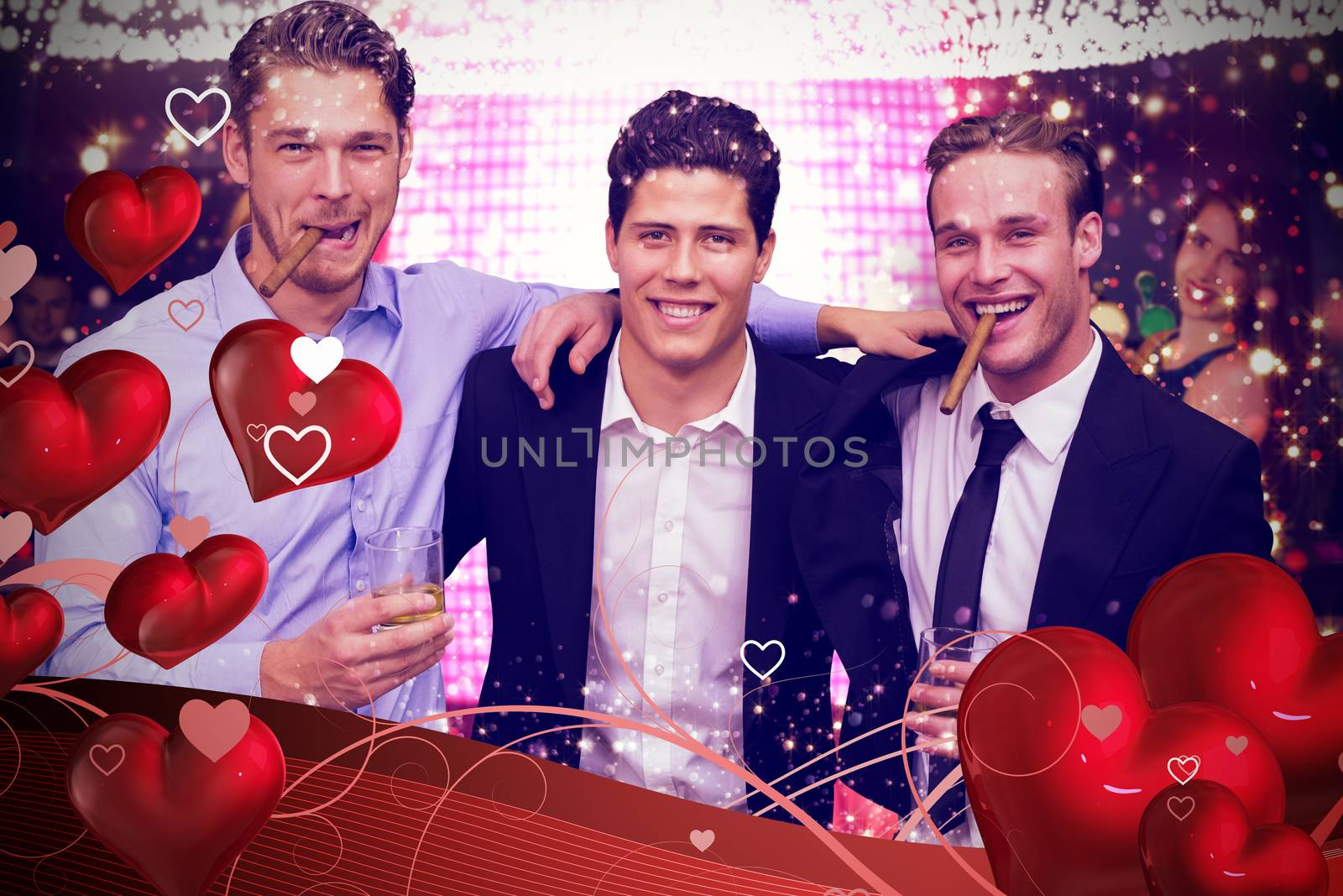 Handsome friends having a drink together against valentines heart design