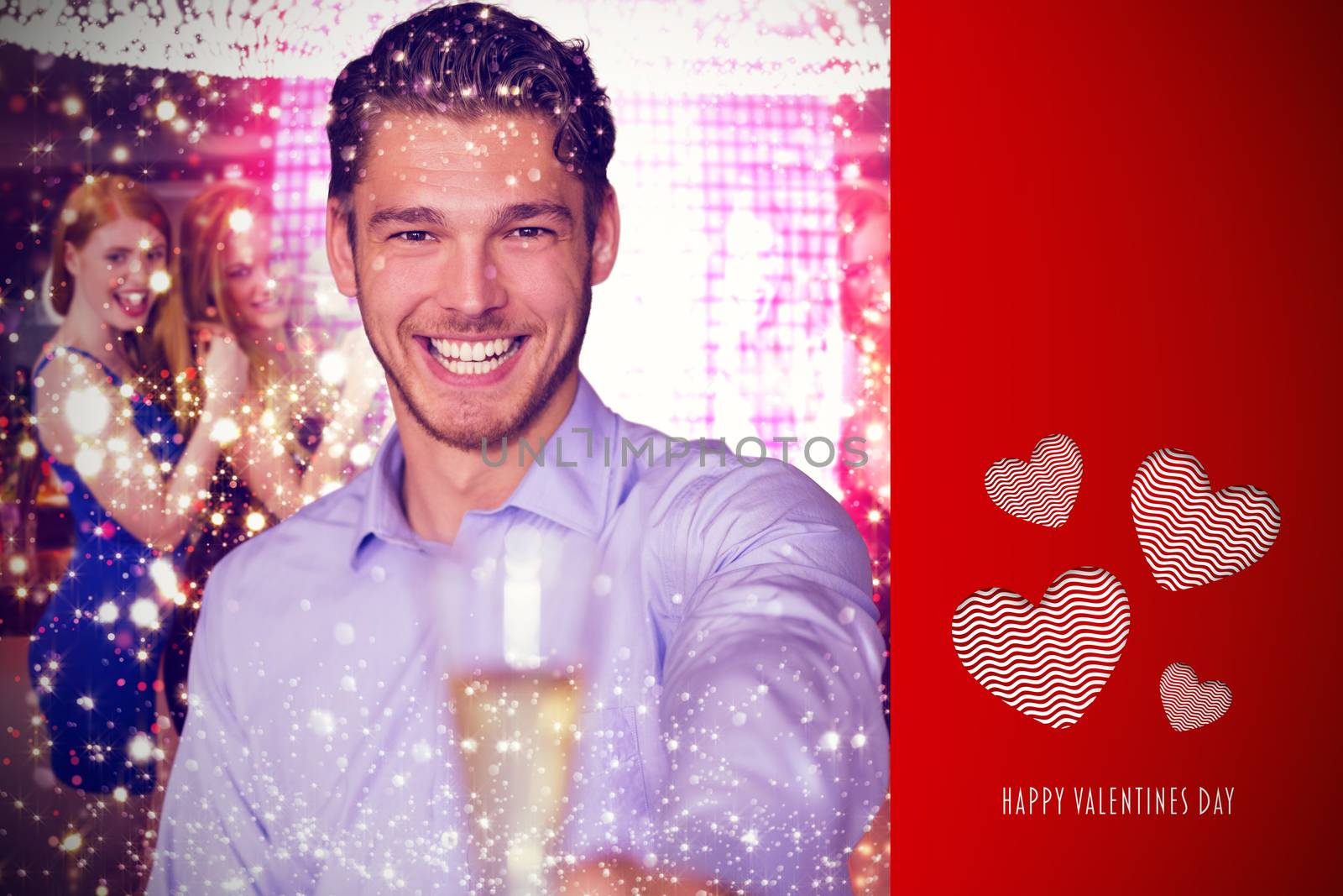 Man offering champagne against cute valentines message