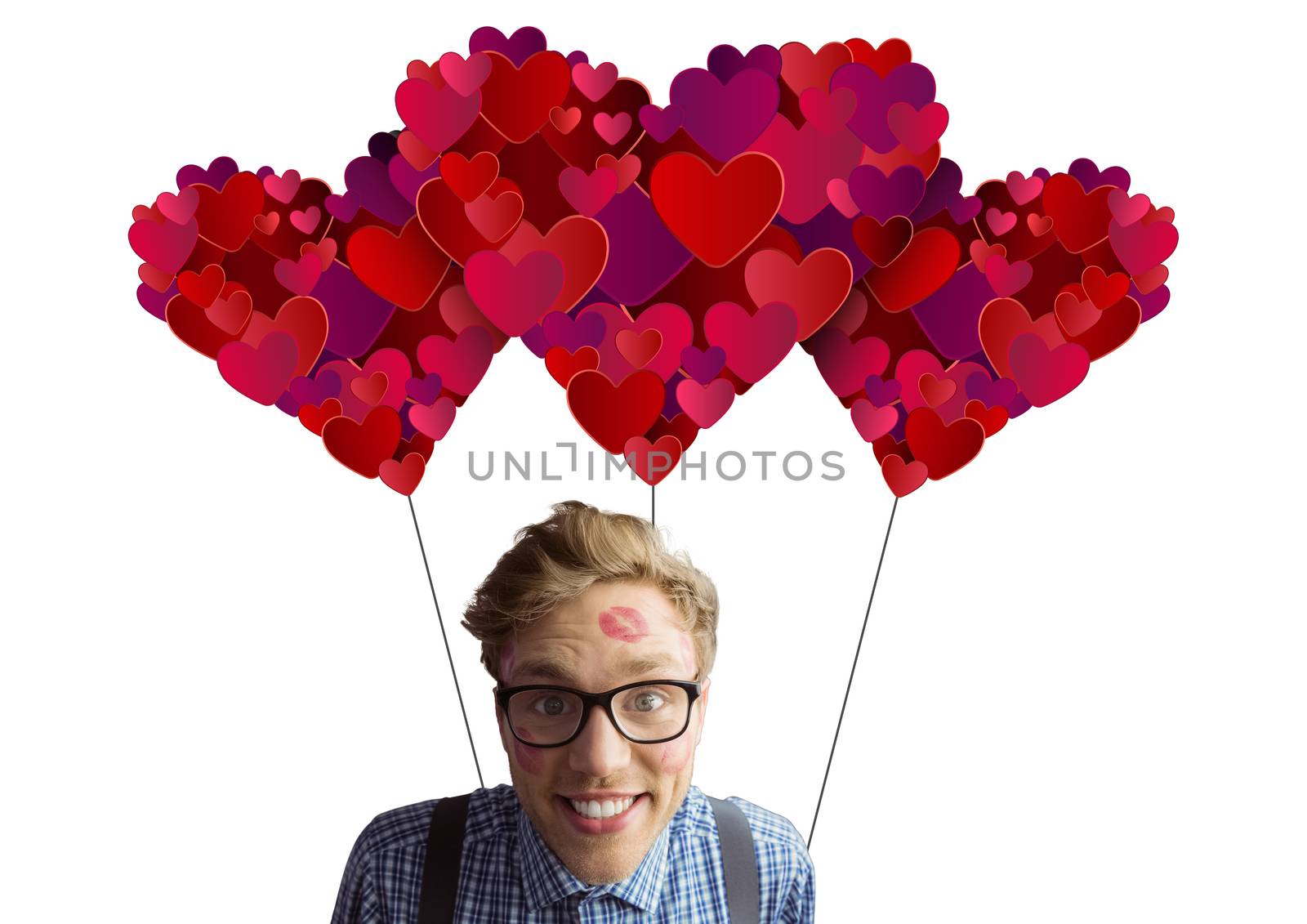 Geeky hipster covered in kisses against valentines day