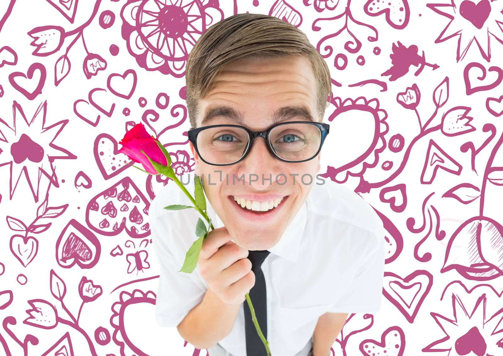 Romantic geeky hipster against valentines pattern