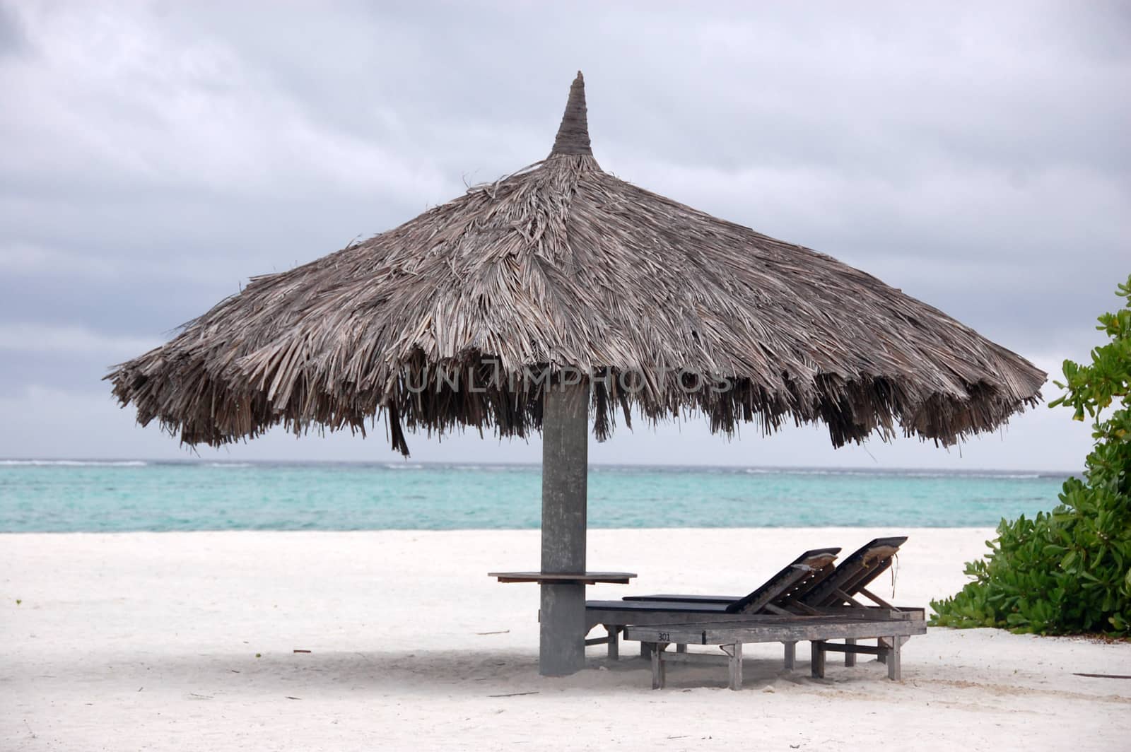 Deck chair and big umbrella at beach, Maldives