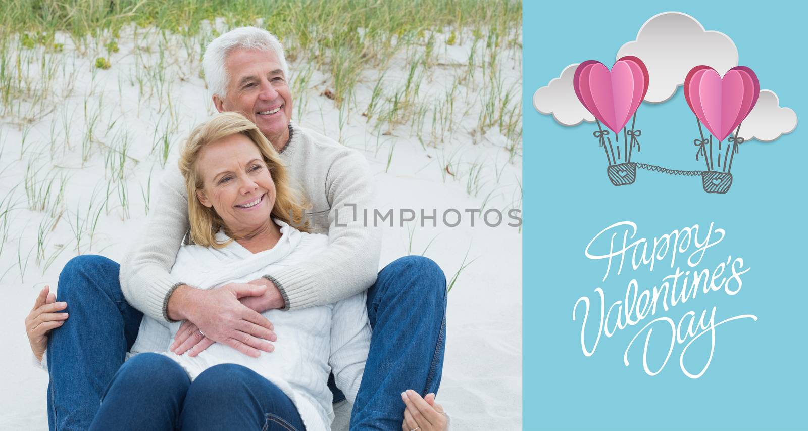 Romantic senior couple relaxing at beach against cute valentines message