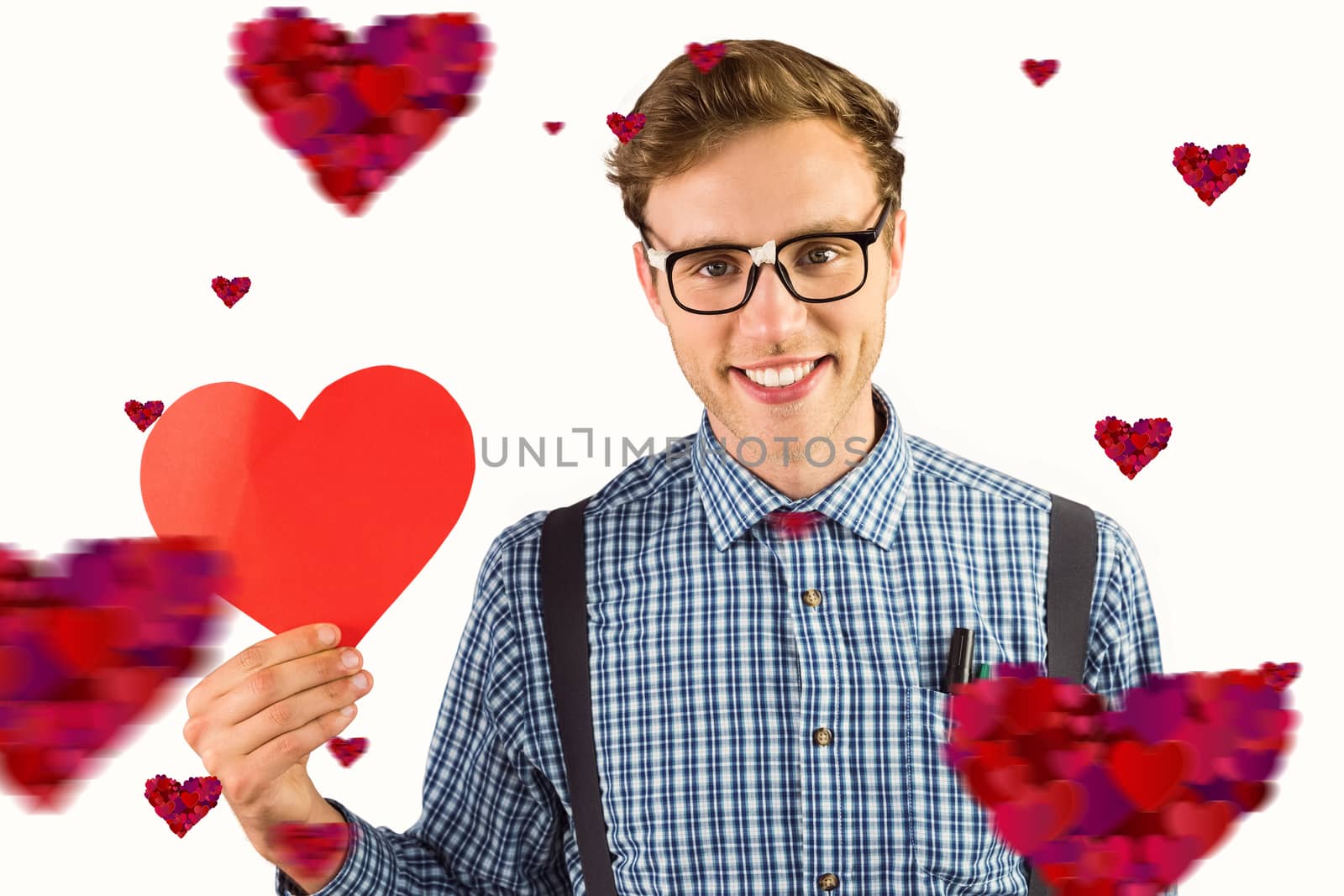 Composite image of geeky hipster holding a heart card by Wavebreakmedia