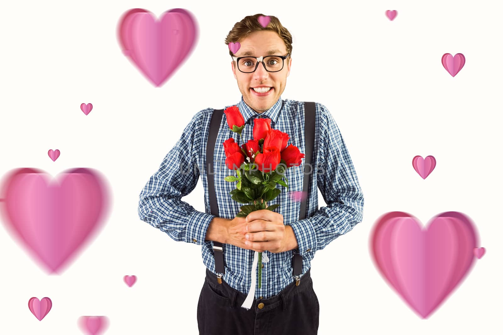Geeky hipster holding a bunch of roses against hearts