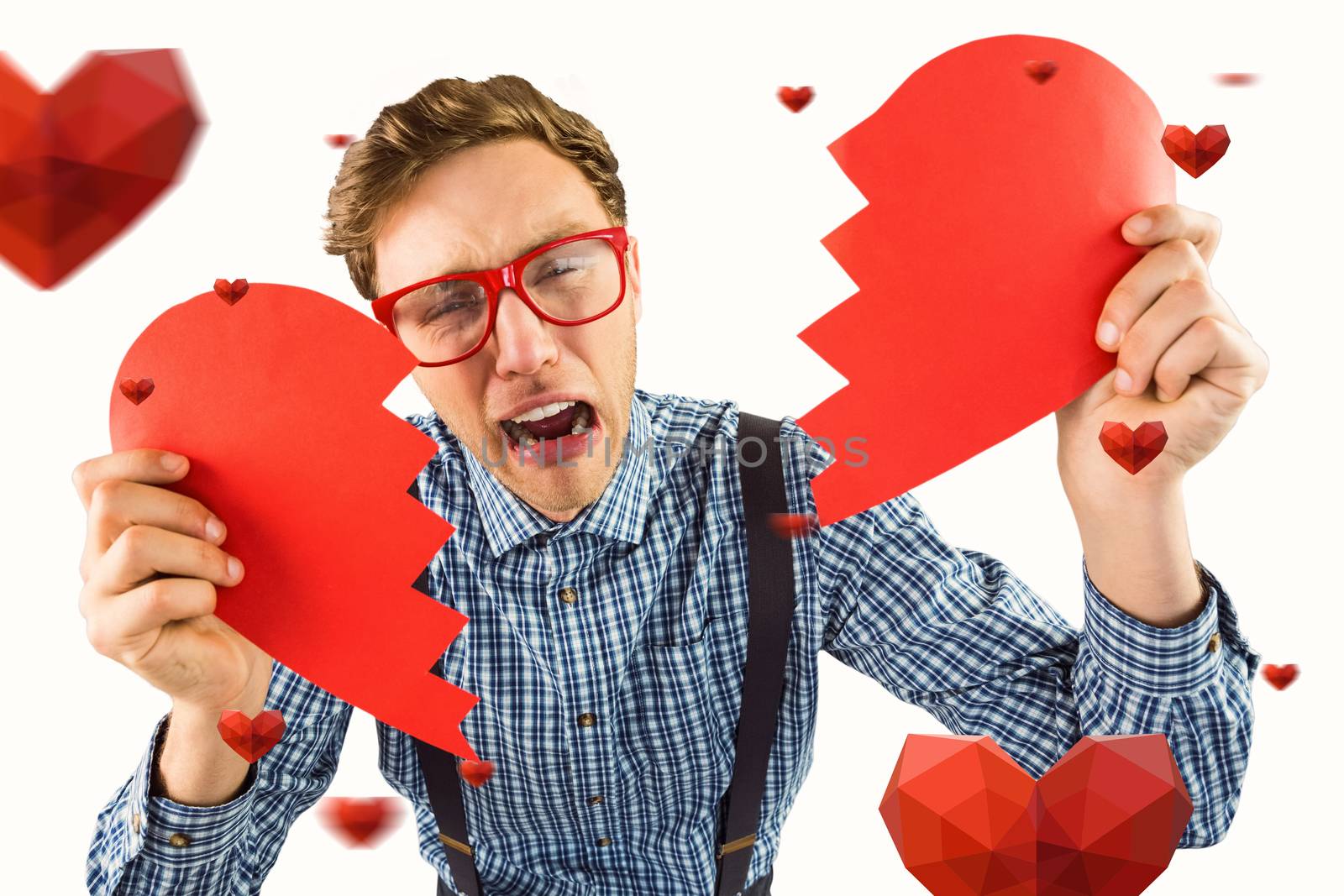 Composite image of geeky hipster holding a broken heart  by Wavebreakmedia