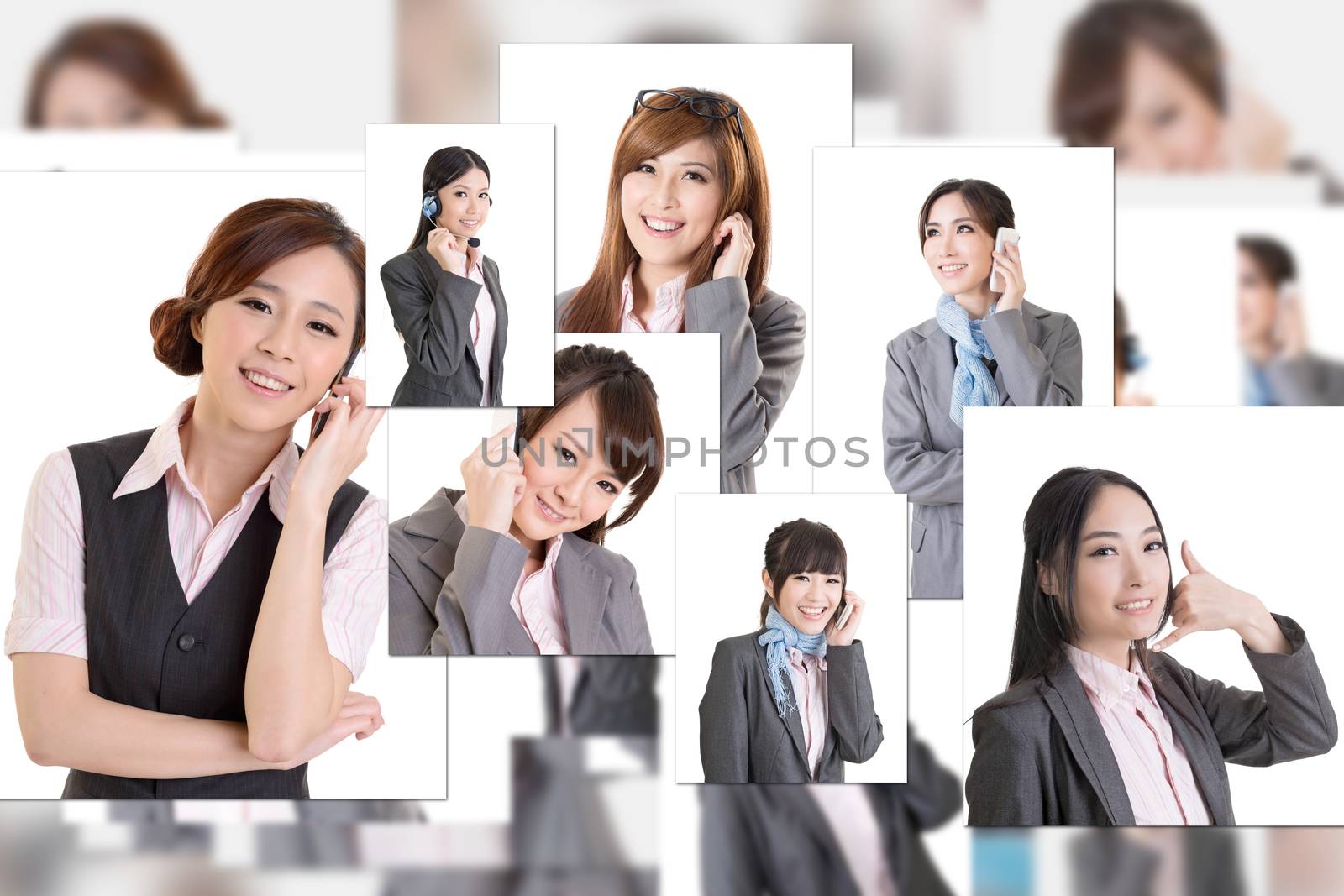 Business people wall with woman talk on phone. Concept about communication, social media, network etc.