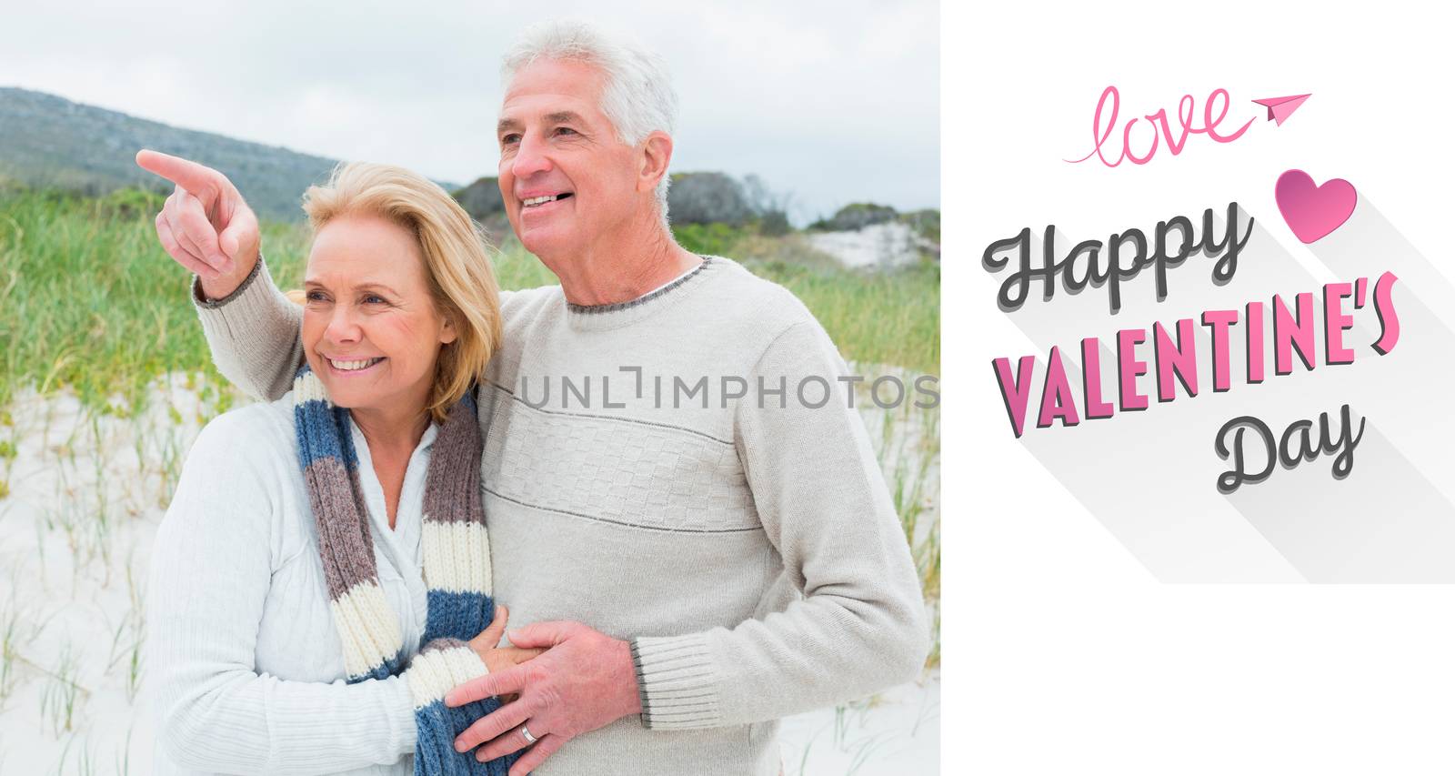 Cheerful romantic senior couple at beach against cute valentines message