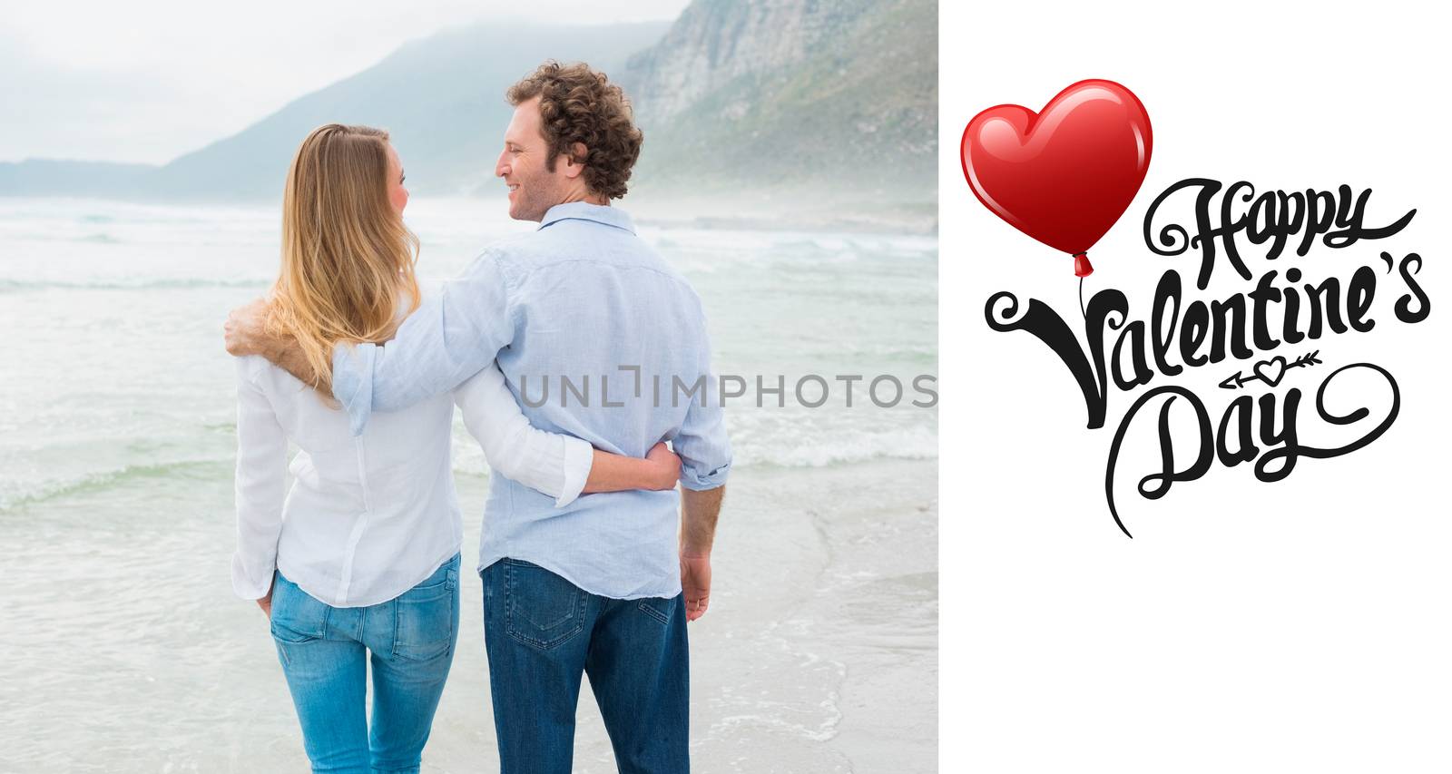 Rear view of a romantic couple at beach against cute valentines message