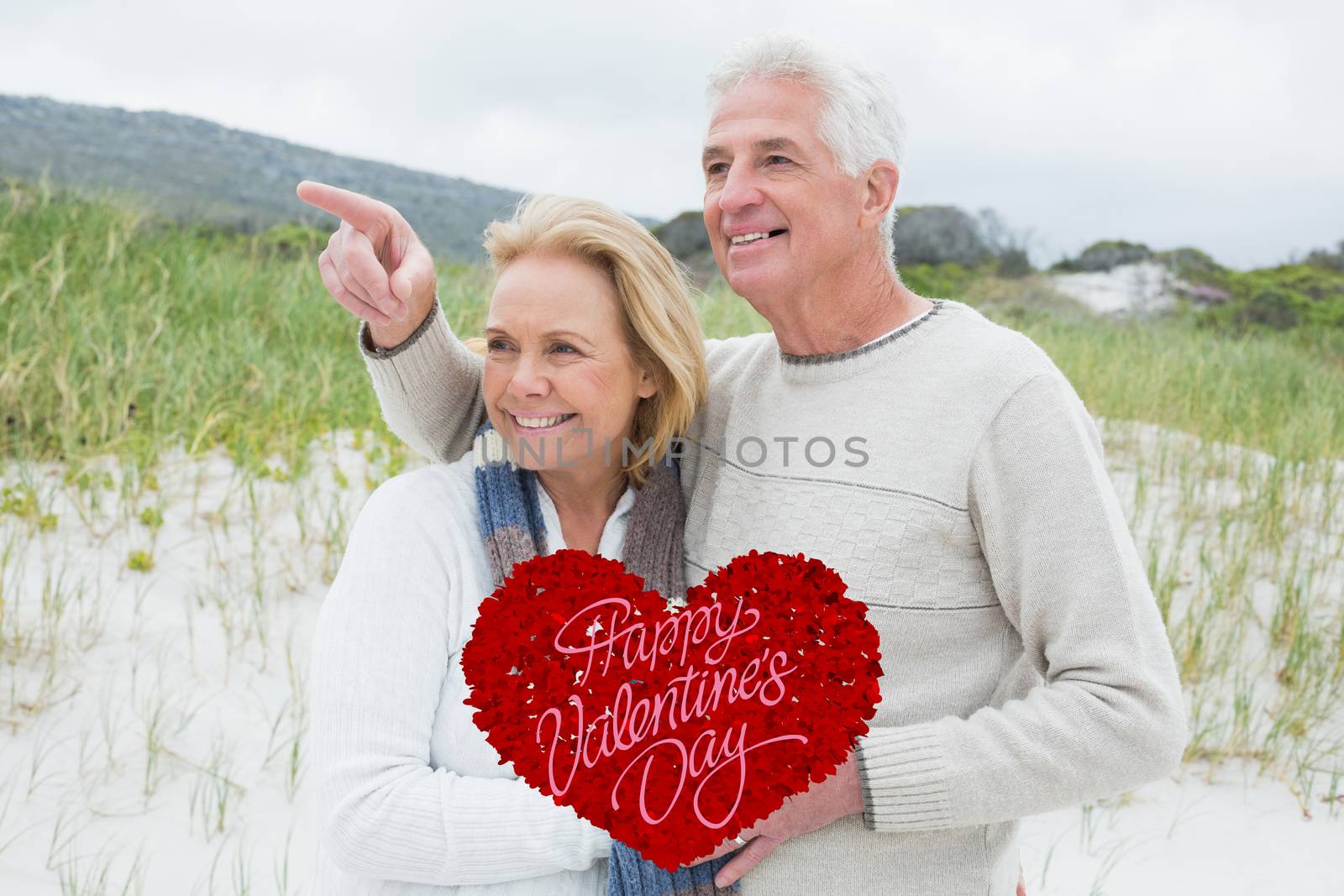 Cheerful romantic senior couple at beach against happy valentines day