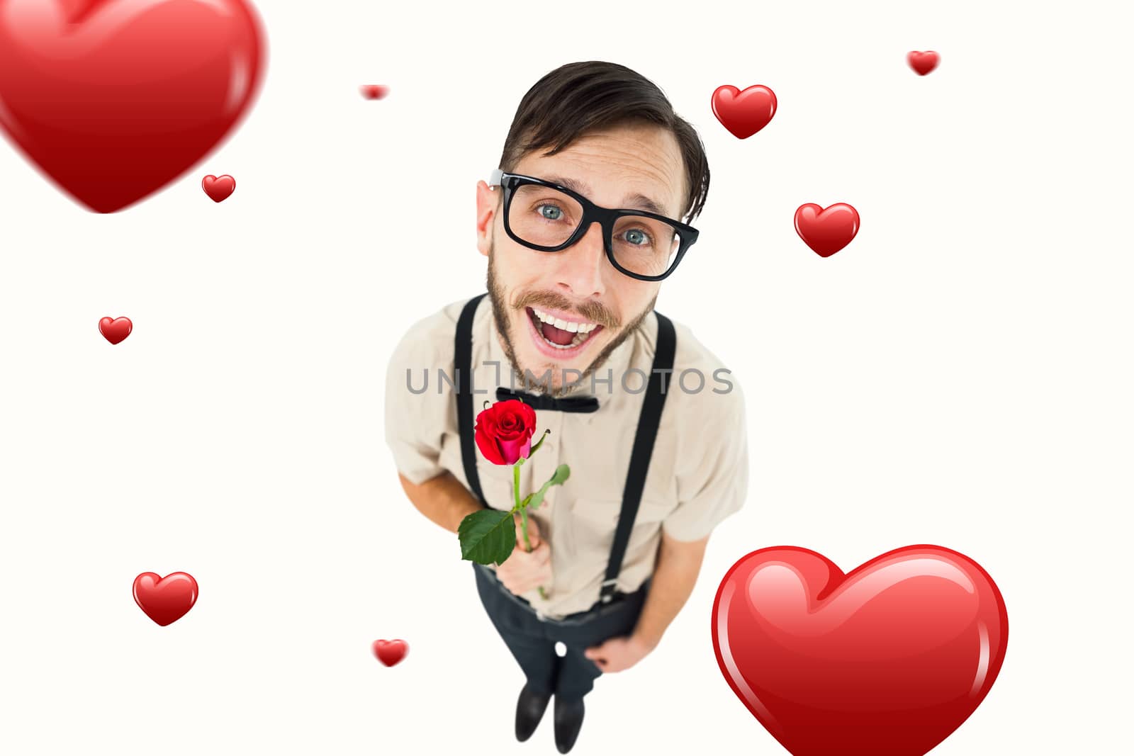 Geeky lovesick hipster holding rose  against hearts