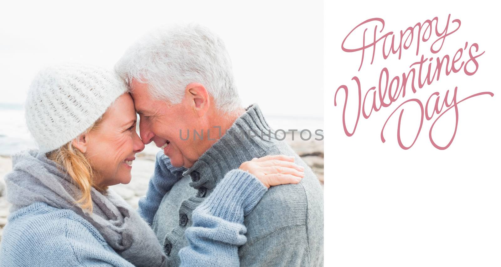 Side view of a romantic senior couple against cute valentines message