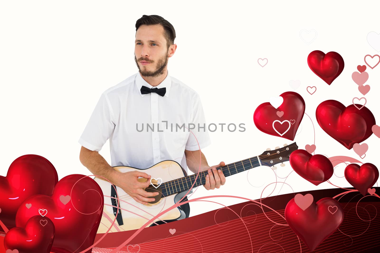 Geeky hipster playing the guitar  against valentines heart design