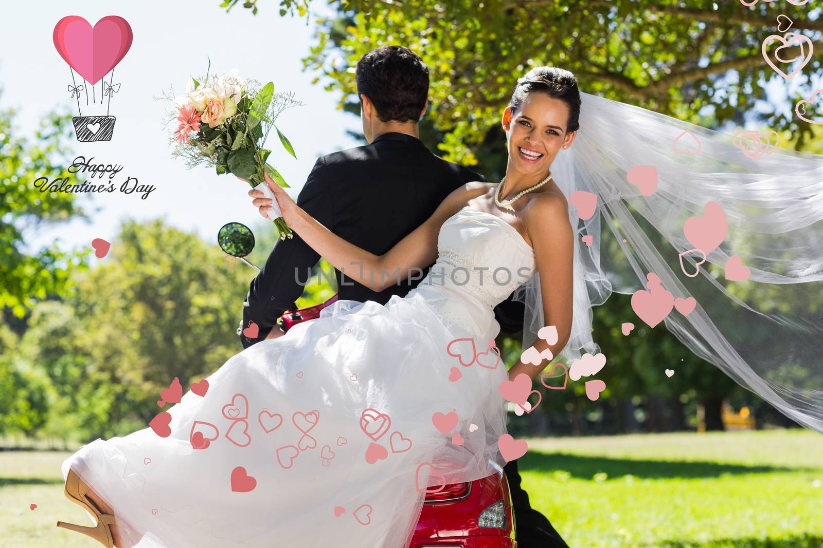 Newlywed couple sitting on scooter in park against cute valentines message