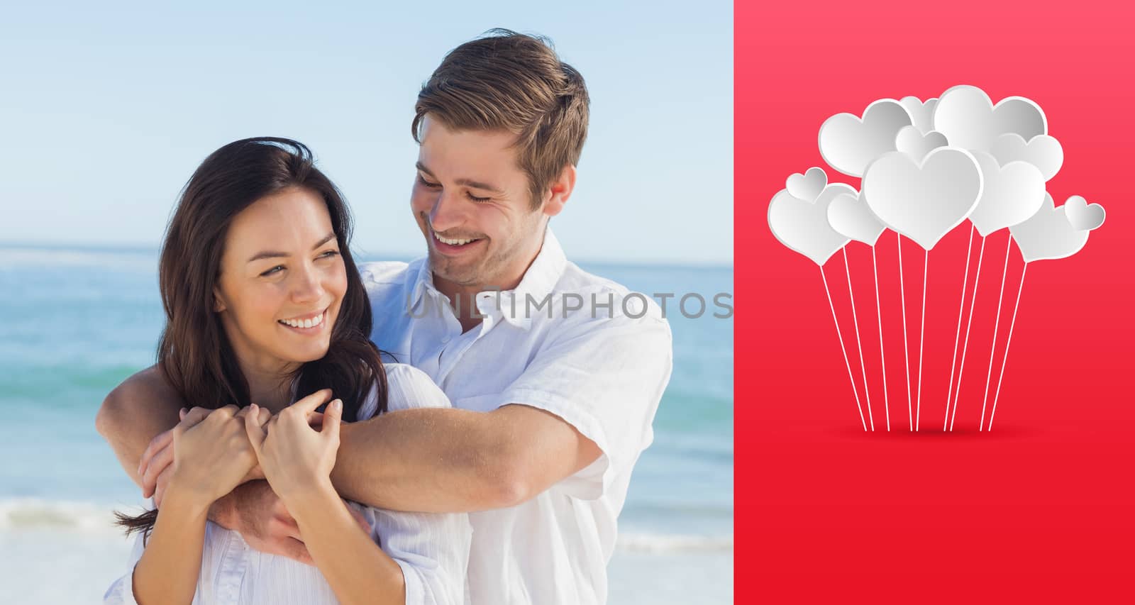 Cheerful couple relaxing on the beach during summer against hearts