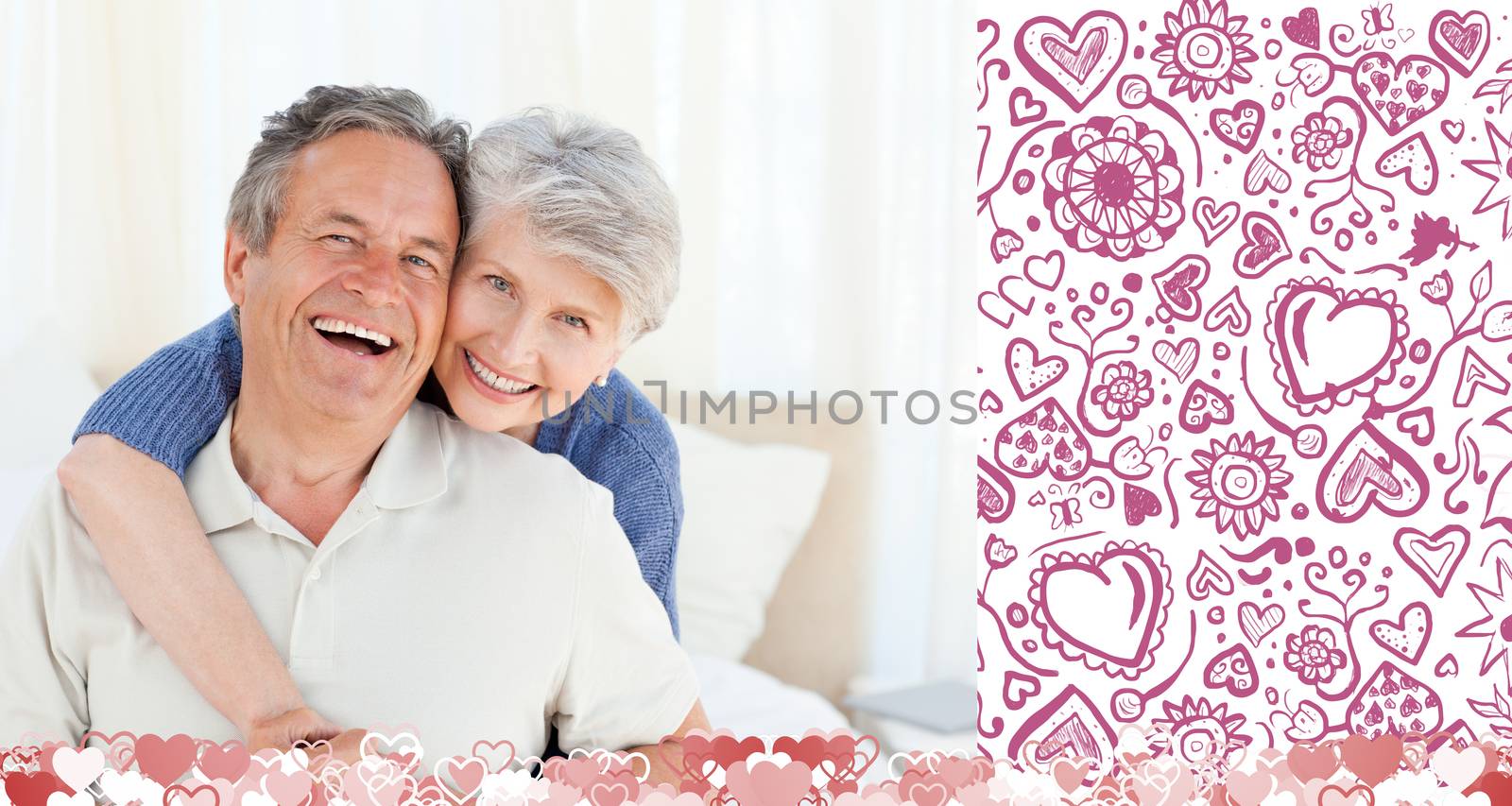 Senior couple looking at the camera against valentines pattern